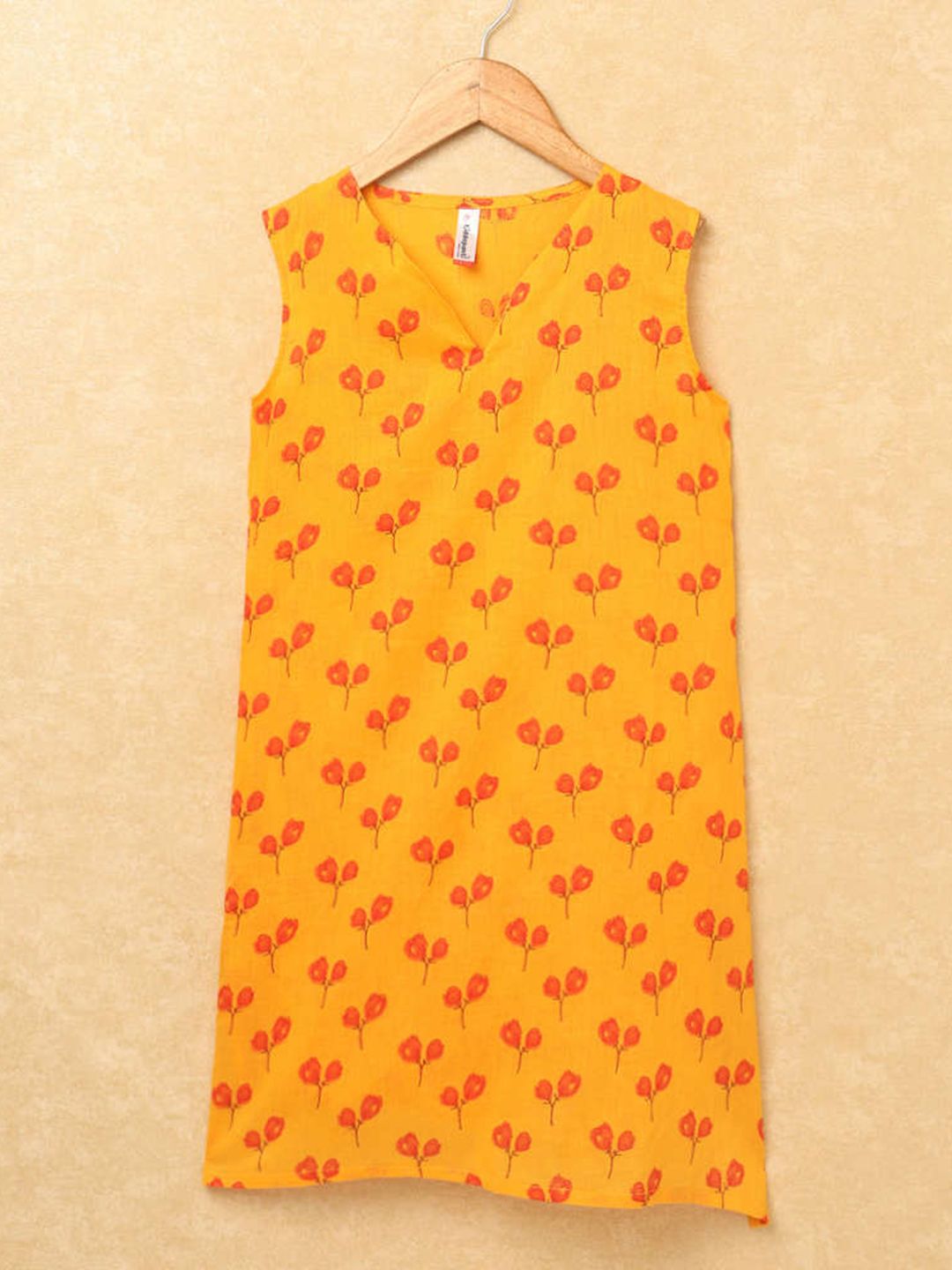 KiddoPanti Girls Floral Printed V Neck A-Line Cotton Kurta With Overcoat-image-15