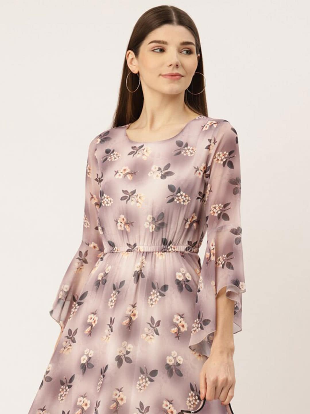 DressBerry Wine Brown Floral Printed Round Neck Bell Sleeves Maxi Dress