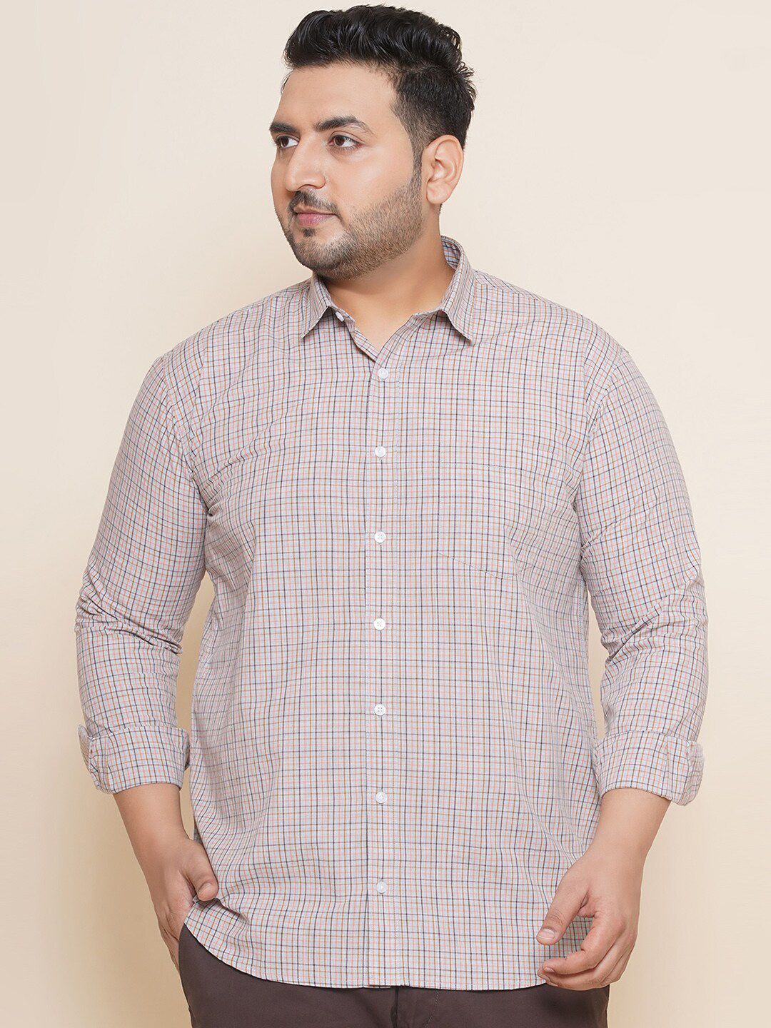 John Pride Plus Size Checked Spread Collar Pure Cotton Casual Shirt-picture-18