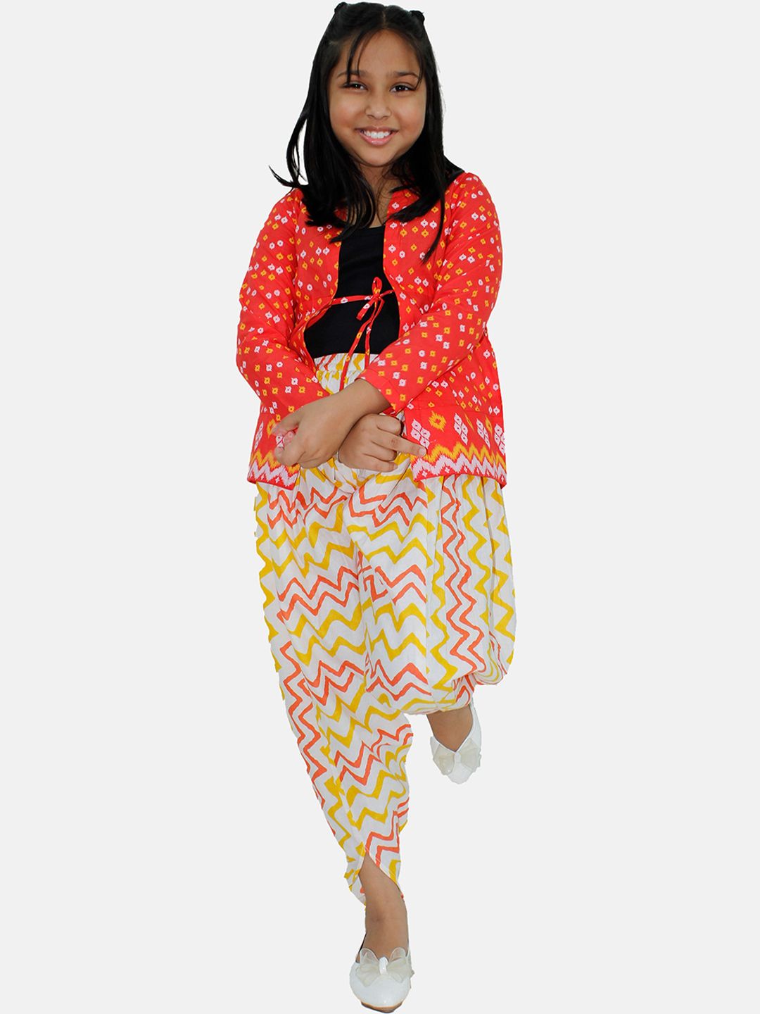 KiddoPanti Girls Red Bandhani Printed Regular Pure Cotton Top & Harem Pants With Jacket-picture-10