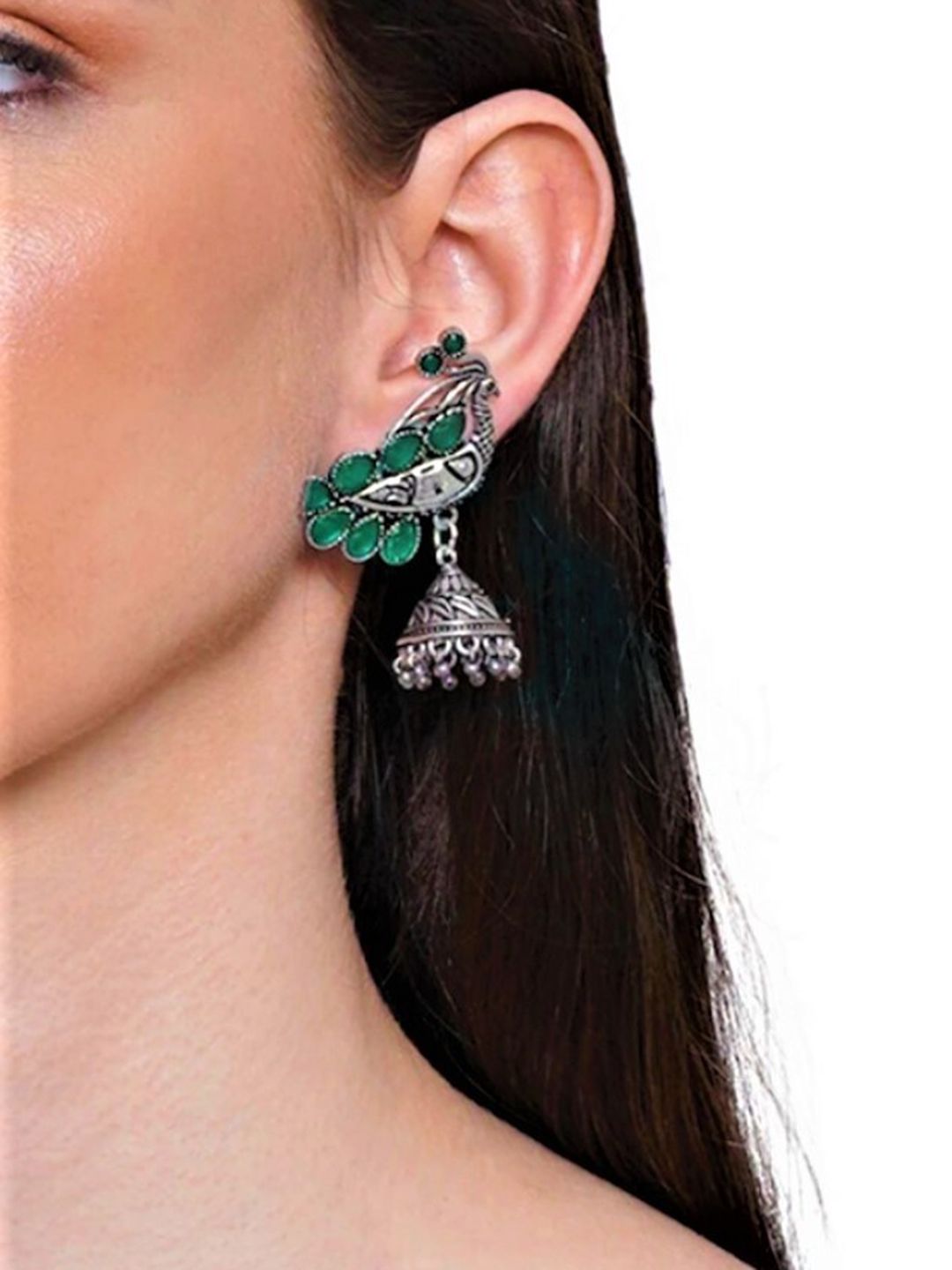 ATIBELLE Set of 2 Silver Plated Stone Studded Peacock & Floral Shaped Jhumkas