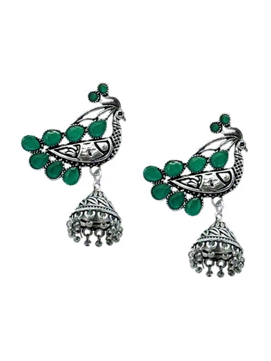 ATIBELLE Set of 2 Silver Plated Stone Studded Peacock & Floral Shaped Jhumkas