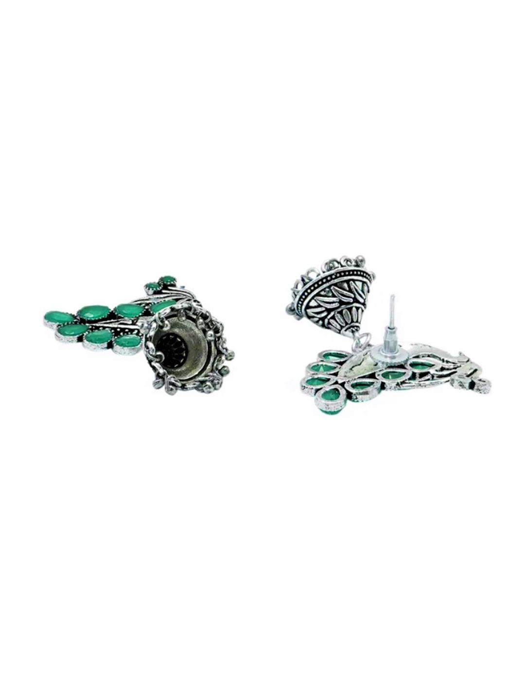 ATIBELLE Set of 2 Silver Plated Stone Studded Peacock & Floral Shaped Jhumkas