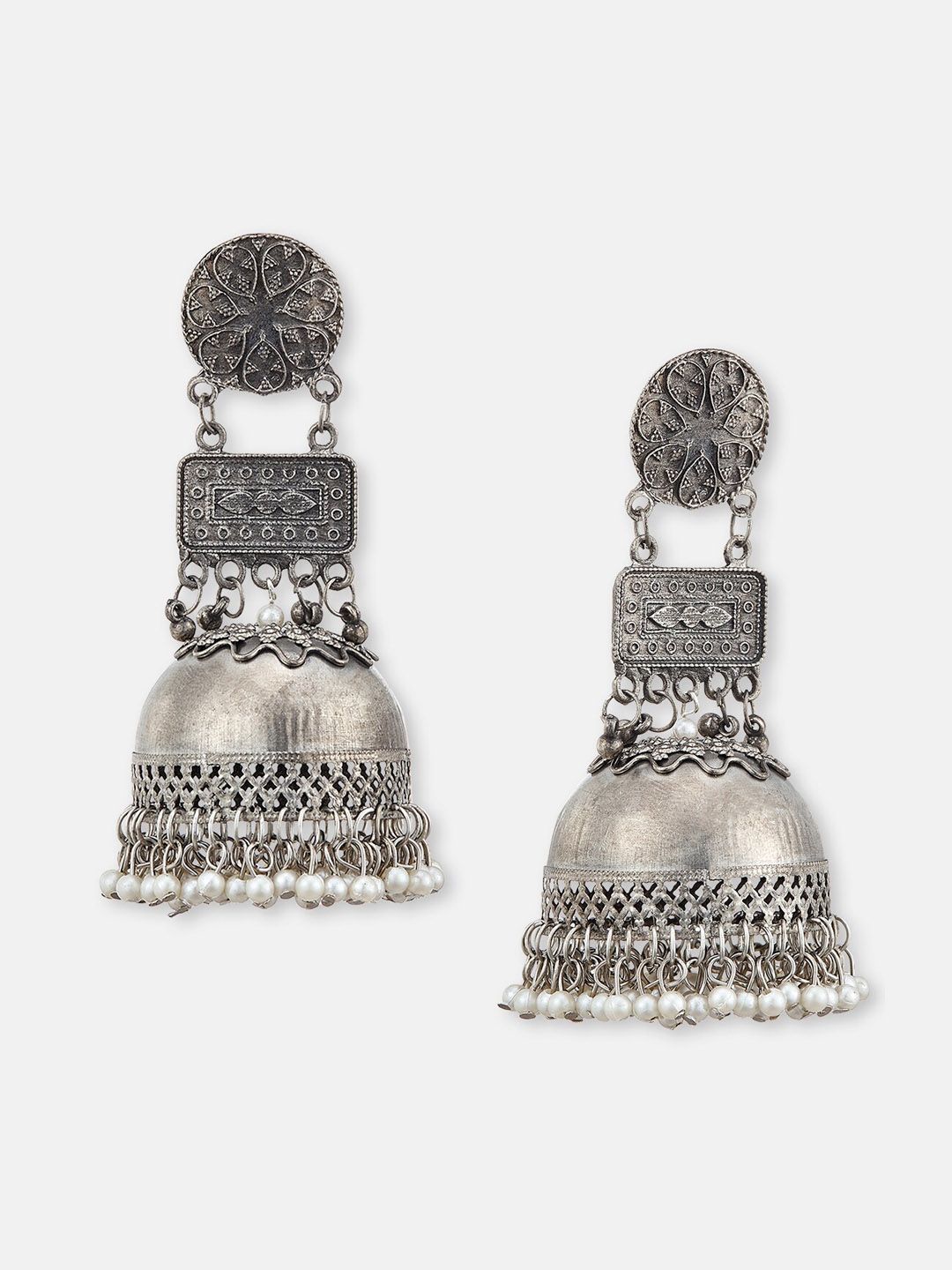 ATIBELLE Set of 2 Silver Plated & Floral Shaped Drop Jhumkas