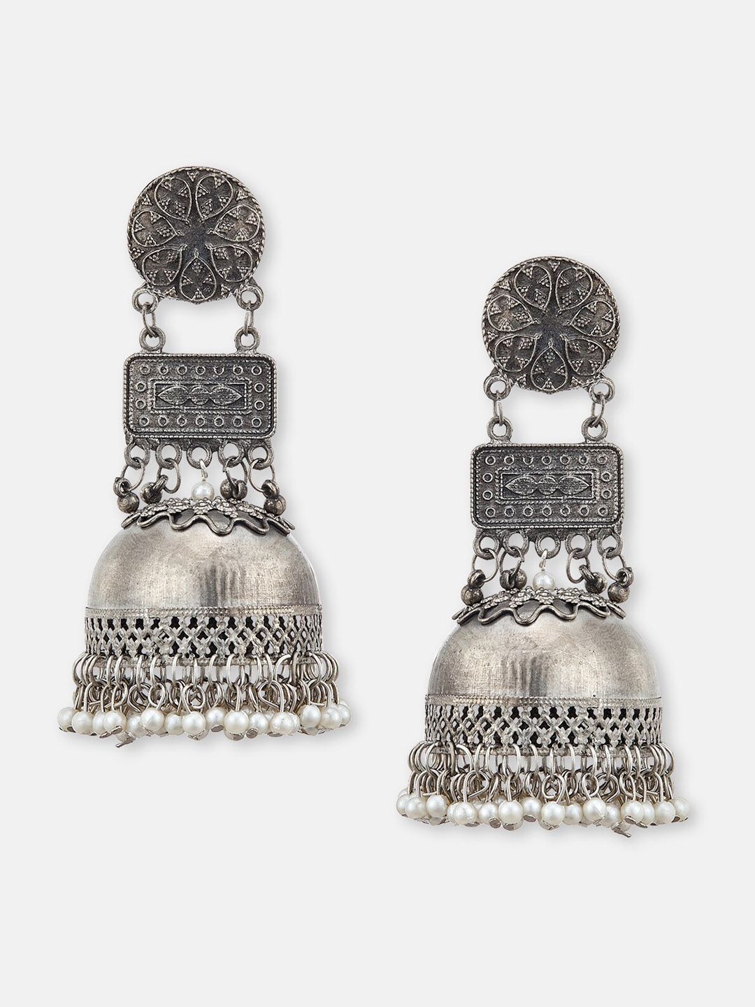 ATIBELLE Set of 2 Silver Plated & Floral Shaped Drop Jhumkas