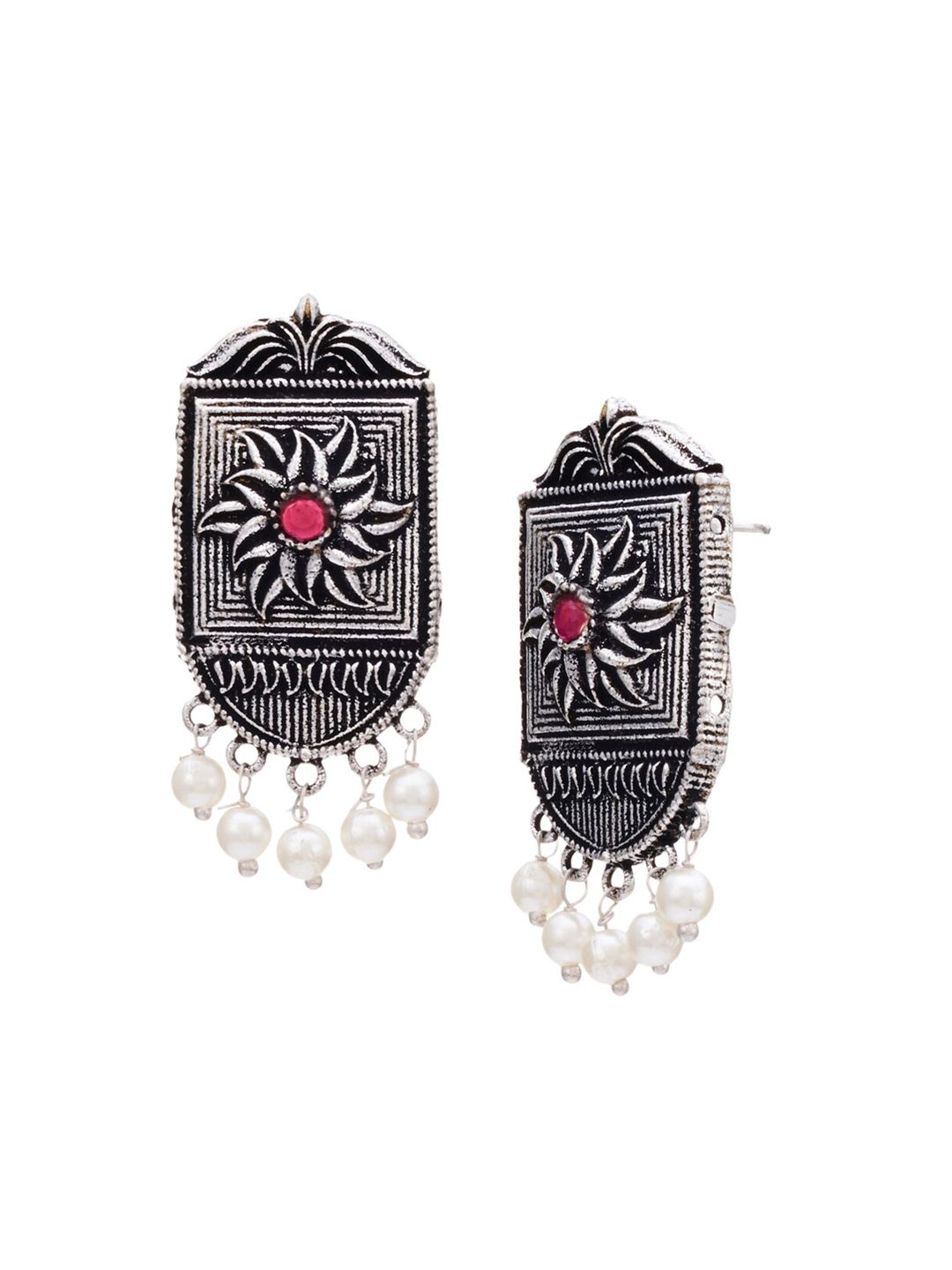 ATIBELLE Set of 2 Silver Plated Pearl Peacock & Floral Shaped Tasselled Drop Earrings