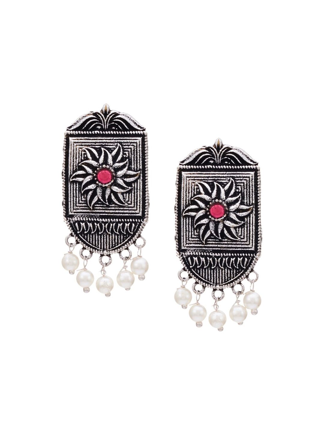 ATIBELLE Set of 2 Silver Plated Pearl Peacock & Floral Shaped Tasselled Drop Earrings
