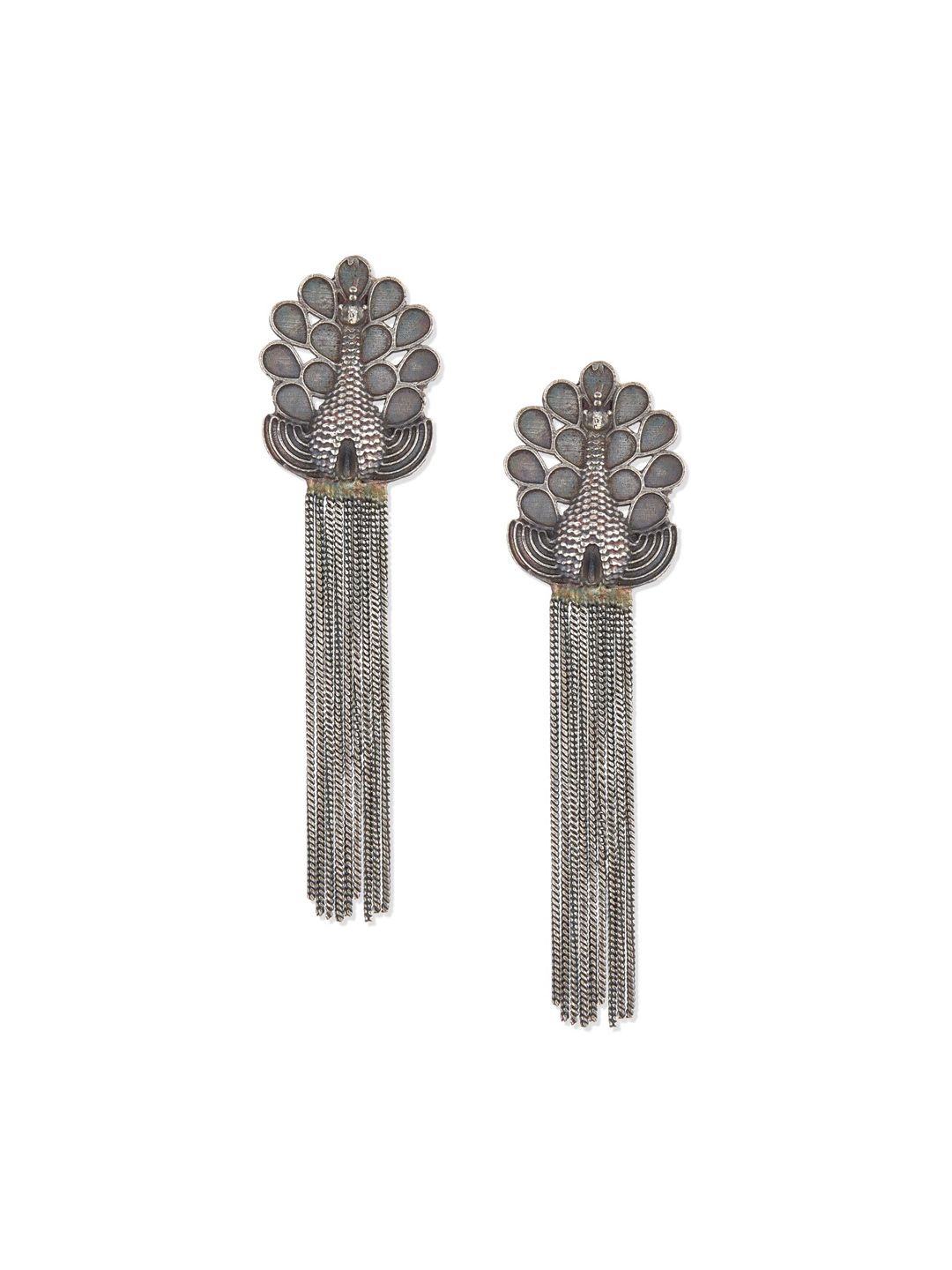 ATIBELLE Set of 2 Silver Plated Pearl Peacock & Floral Shaped Tasselled Drop Earrings