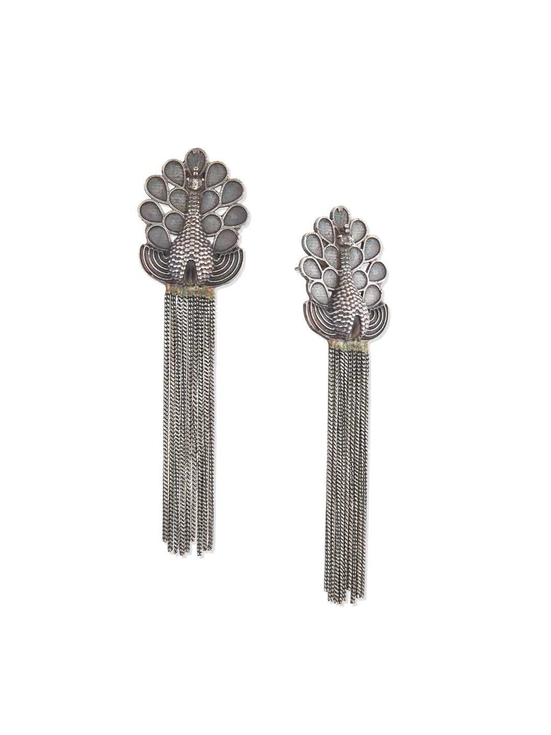 ATIBELLE Set of 2 Silver Plated Pearl Peacock & Floral Shaped Tasselled Drop Earrings