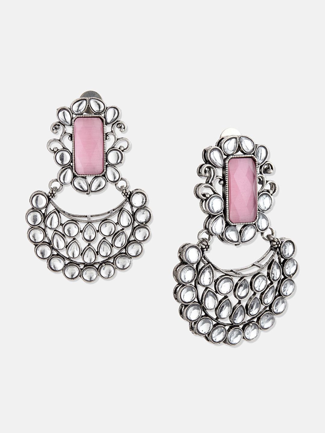 ATIBELLE Set of 2 Silver Plated Stone Studded Peacock Shaped Drop Earrings