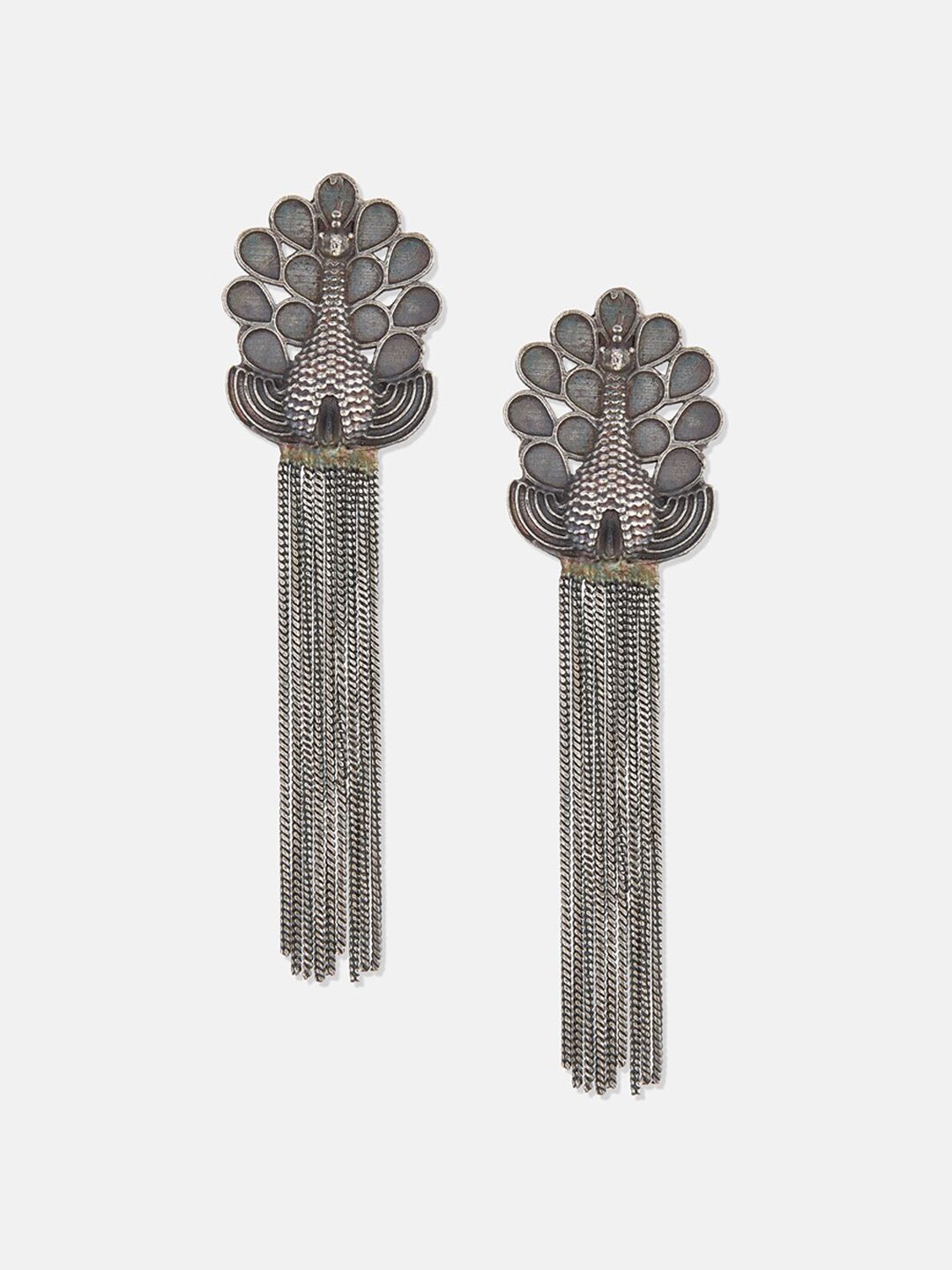 ATIBELLE Set of 2 Silver Plated Stone Studded Peacock Shaped Drop Earrings