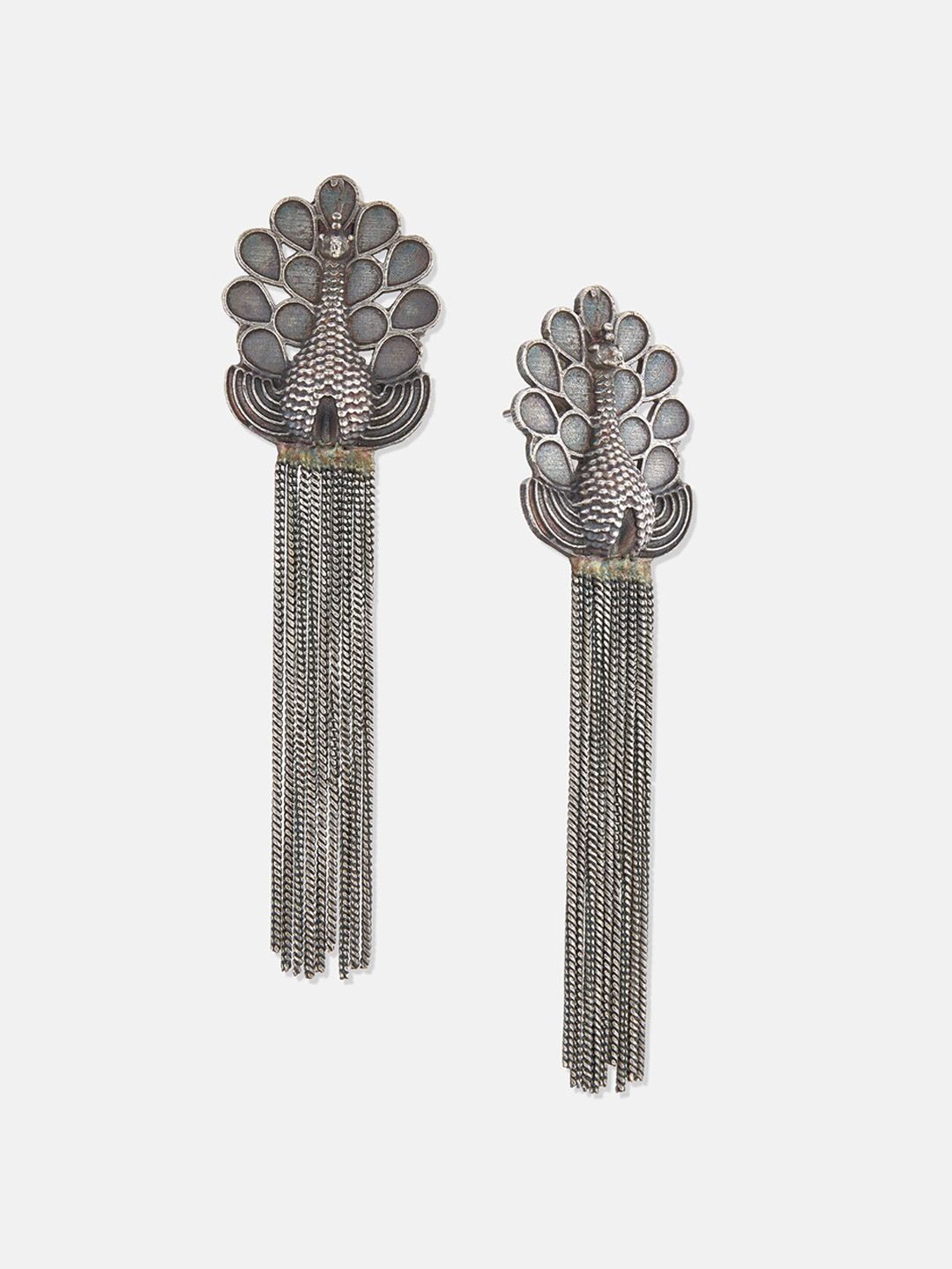 ATIBELLE Set of 2 Silver Plated Stone Studded Peacock Shaped Drop Earrings