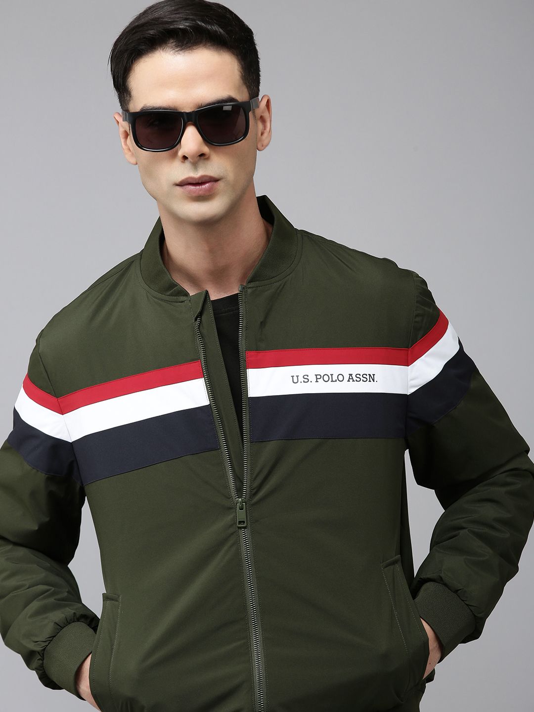 U.S. Polo Assn. Men Olive Green White Colourblocked Bomber Jacket