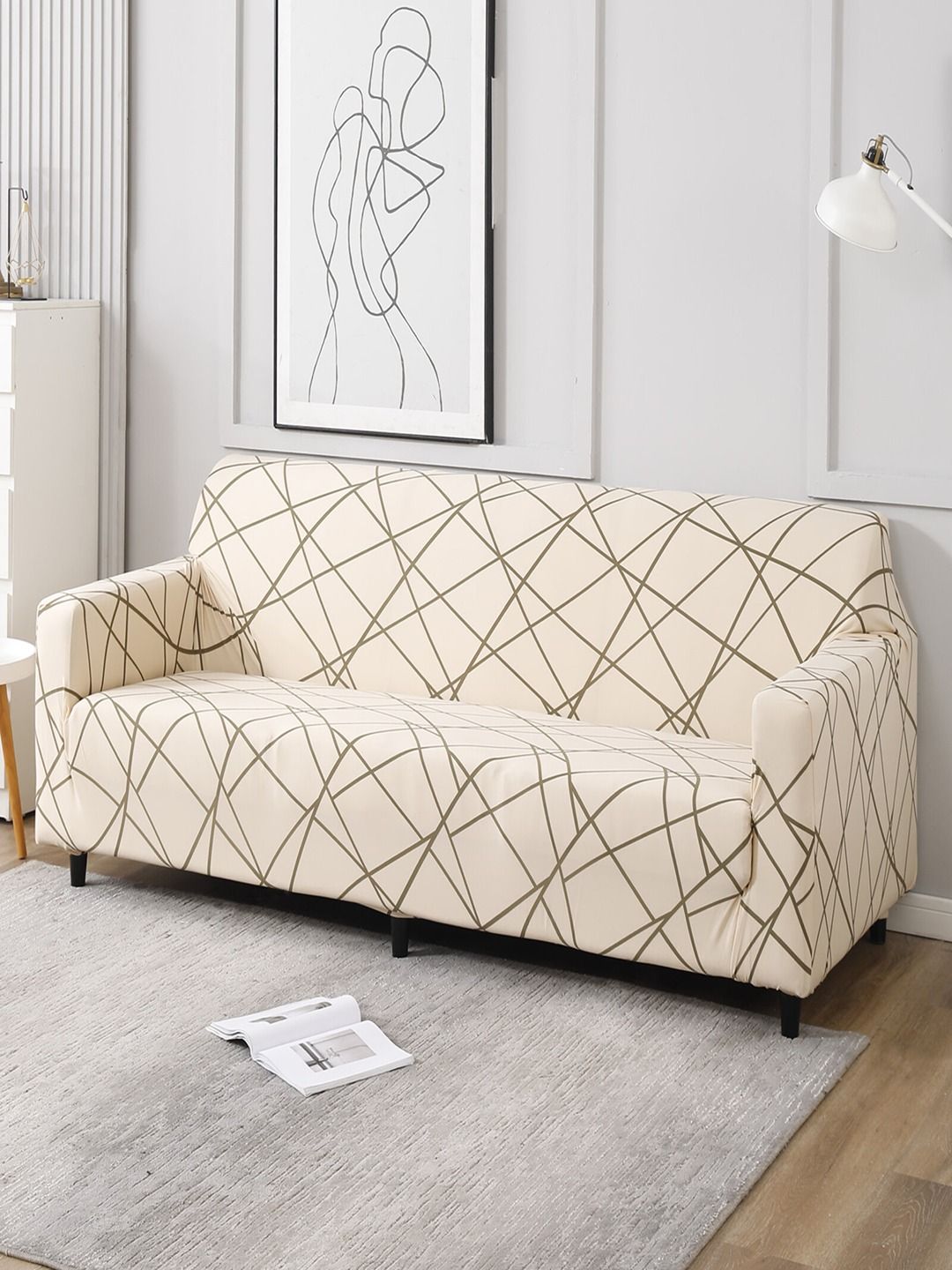HOKIPO Beige Printed Polyester Stretchable 4-Seater Sofa Cover-image-1
