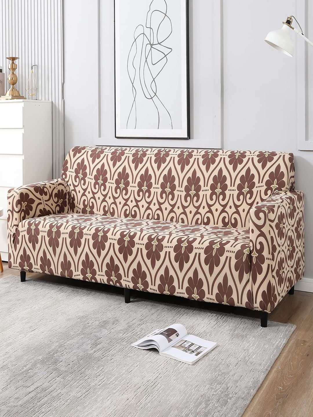 HOKIPO Beige & Brown Printed 4-Seater Sofa Covers-image-30