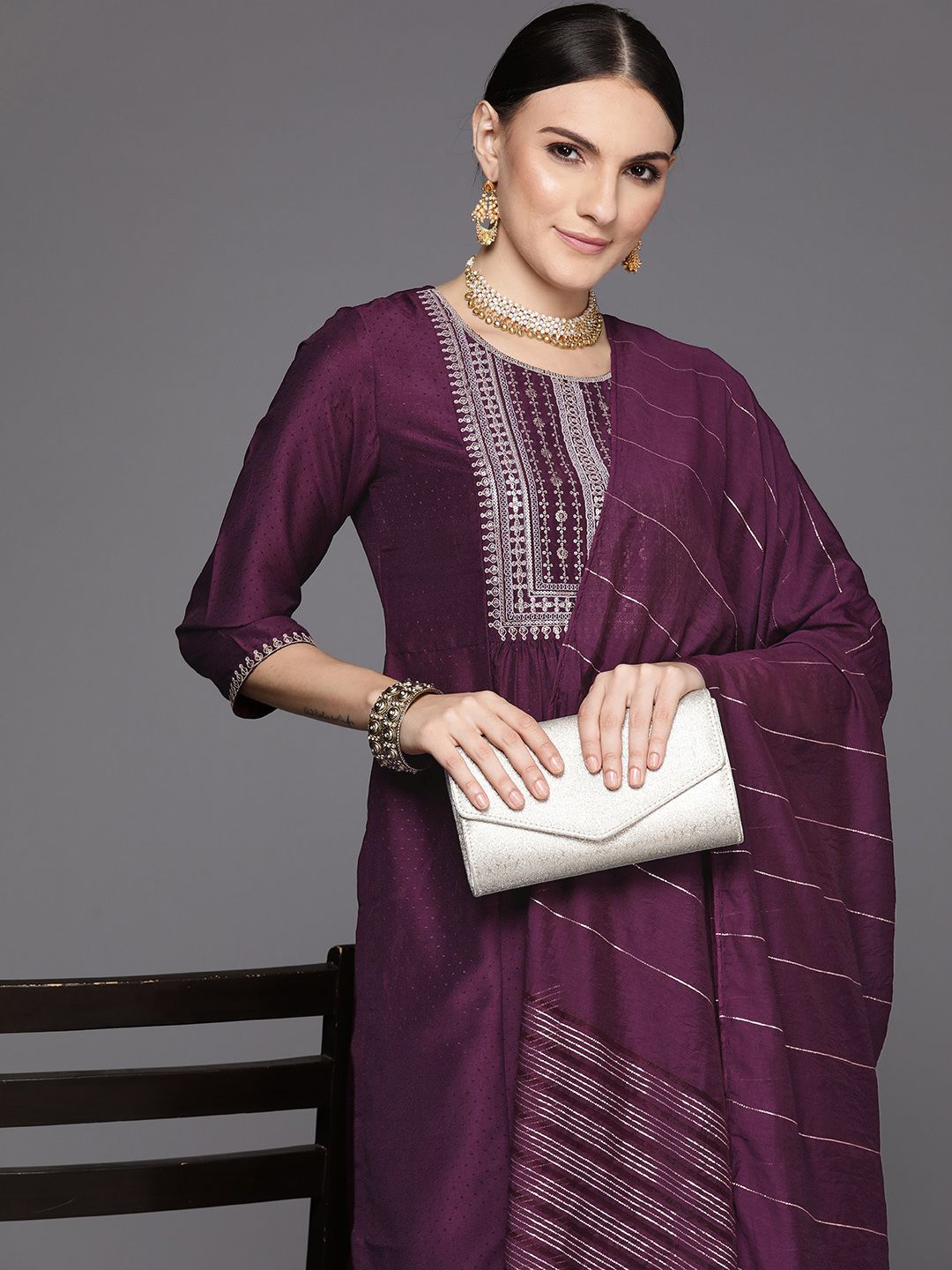 Indo Era Maroon Yoke Design A-Line Kurta Trousers With Dupatta Set