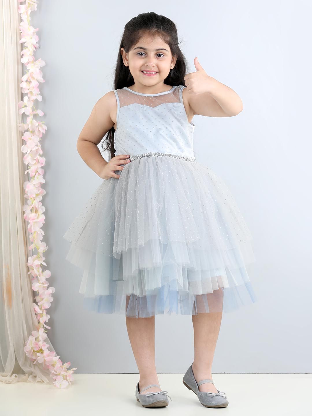 Toy Balloon kids Girls Embellished Round Neck Layered Fit & Flare Midi Dress-picture-35