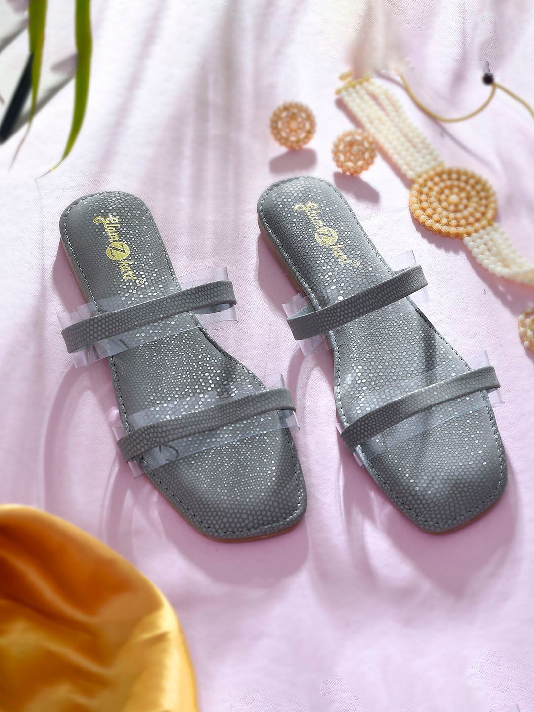 GLAMZKART Textured Open Toe Flats-image-12