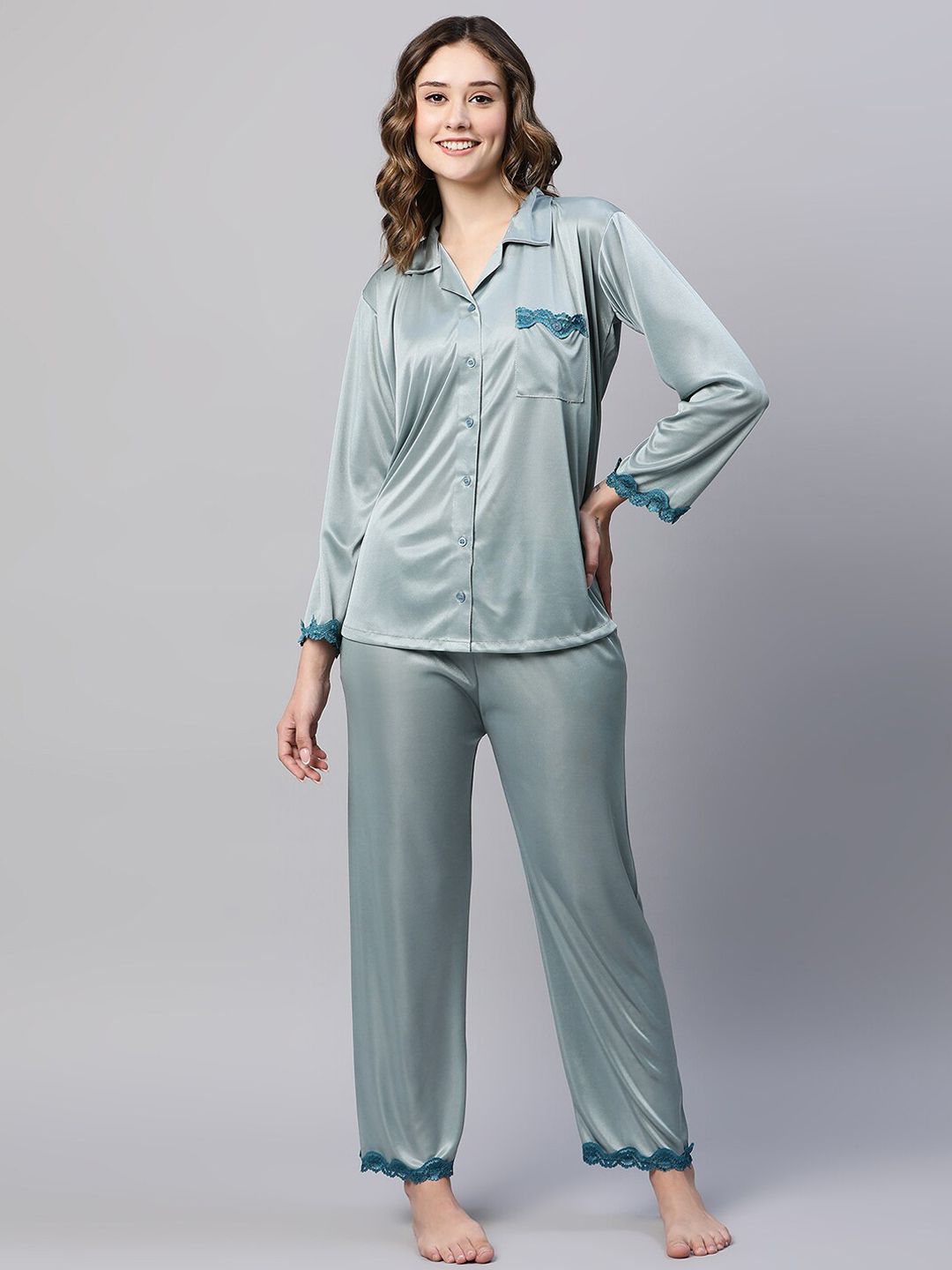AV2 Notched Collar Lace Work Satin Night Suit-image-36