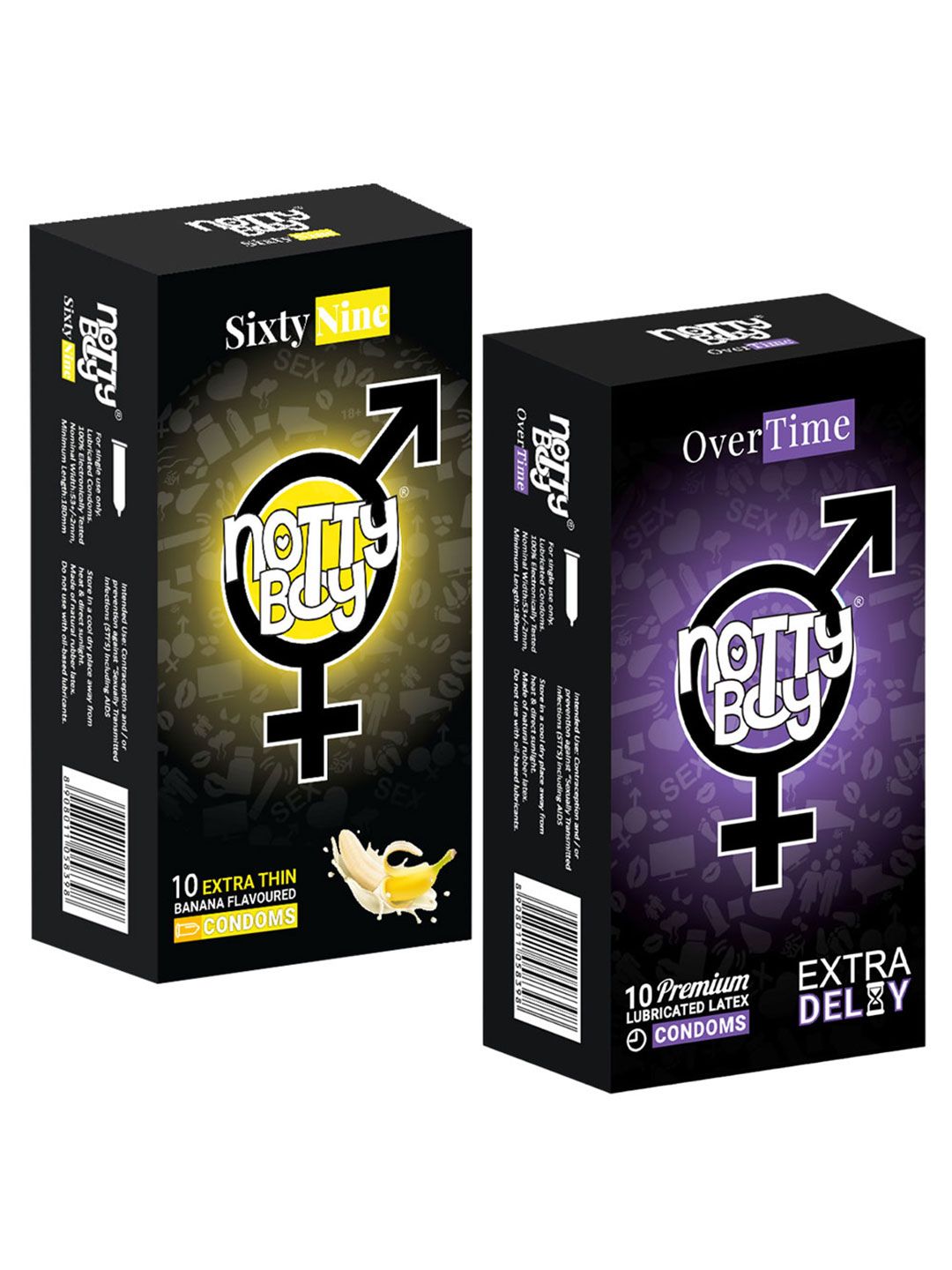 noTTy Boy Men Set of Banana Flavoured & Delay Extra Time Thin Condoms - 10 Pcs each