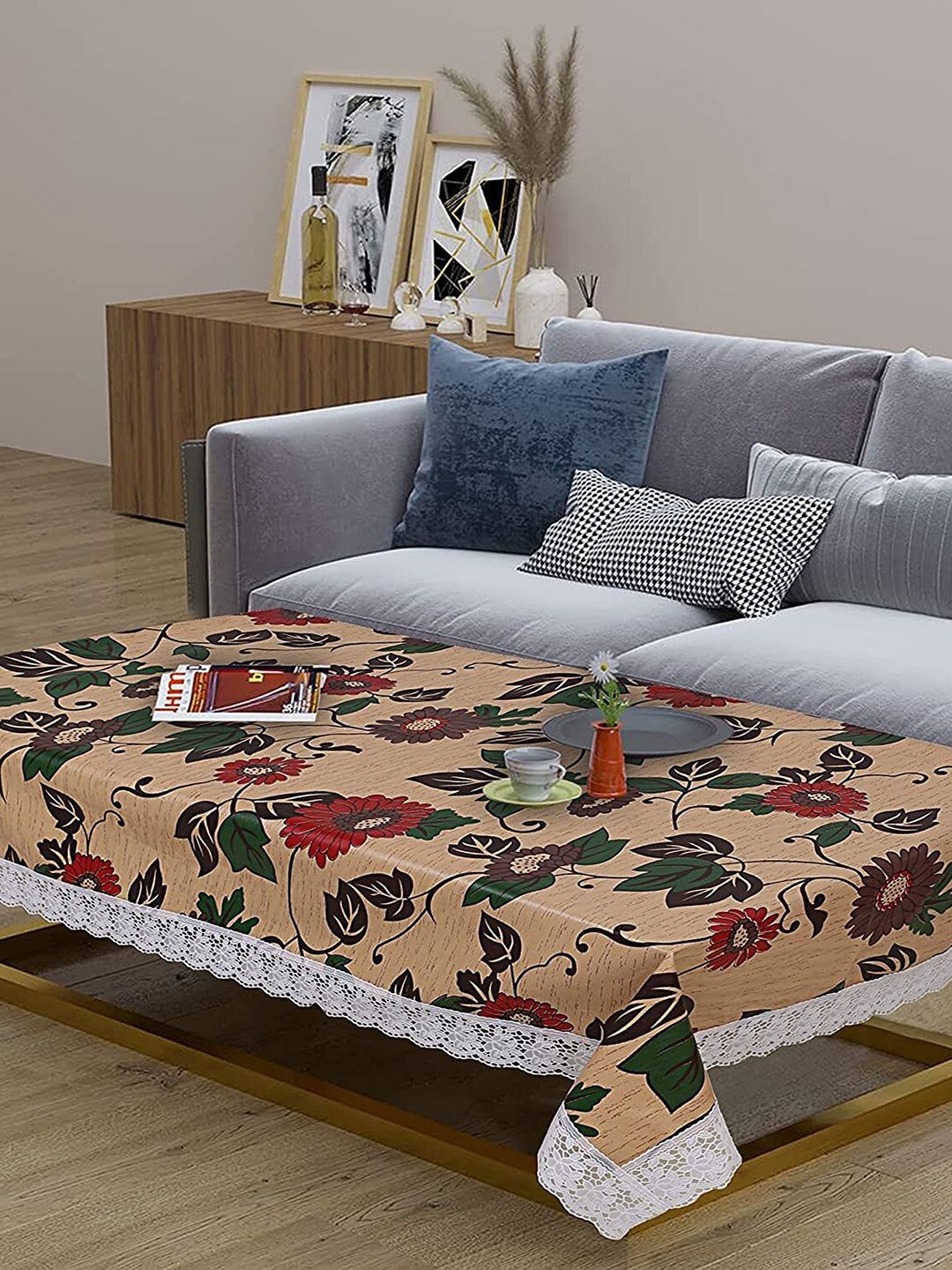 Dakshya Industries Beige & Red Floral Printed 4 Seater Table Covers-picture-25