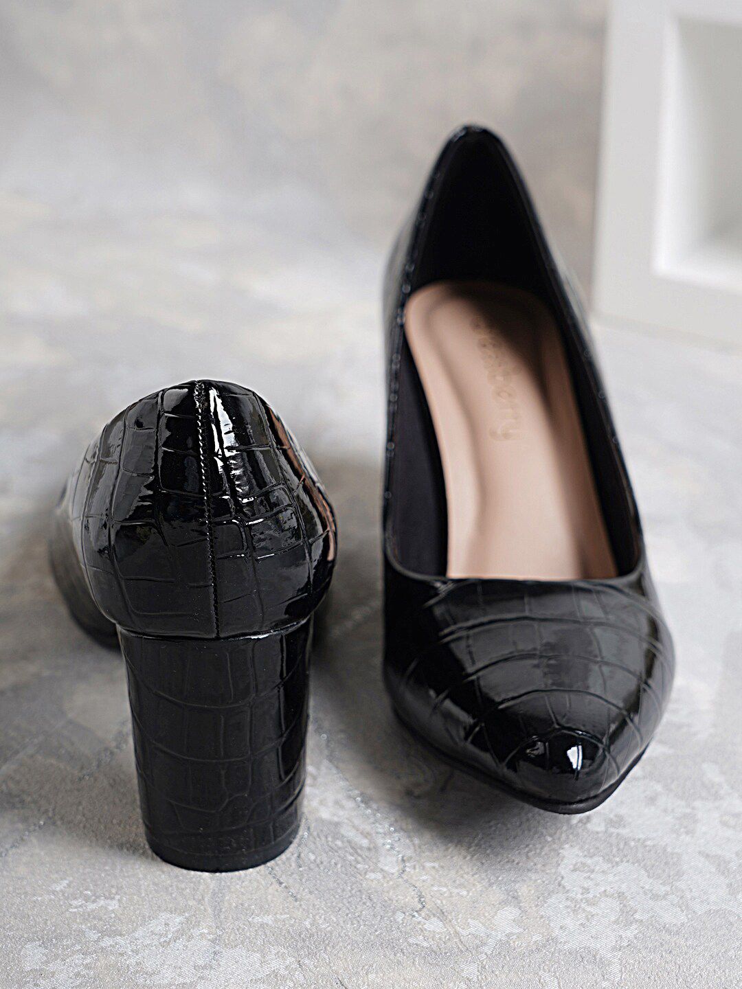 DressBerry Black Textured Closed Back Block Pumps-image-23