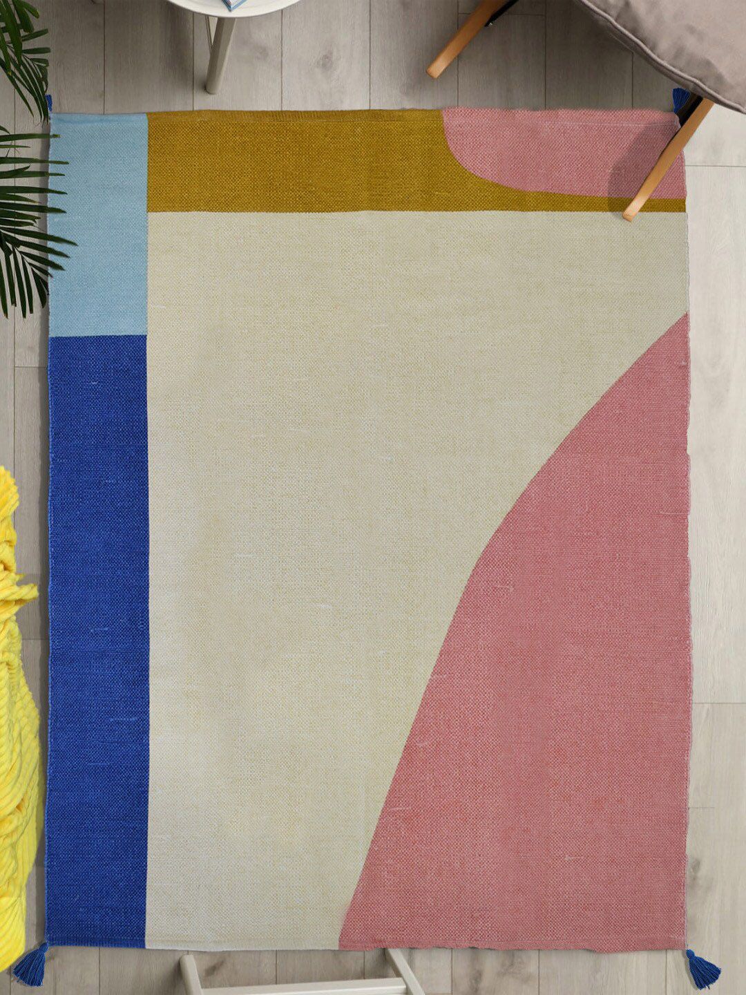 URBAN SPACE Cream-Colored & Pink Colourblocked Anti-Skid Cotton Carpet-image-25