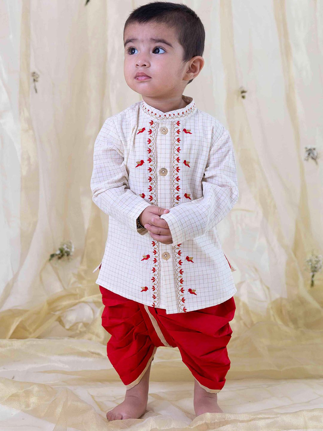 Tiber Taber Infants Floral Embroidered Pure Cotton Regular Kurta with Dhoti Pants-picture-28