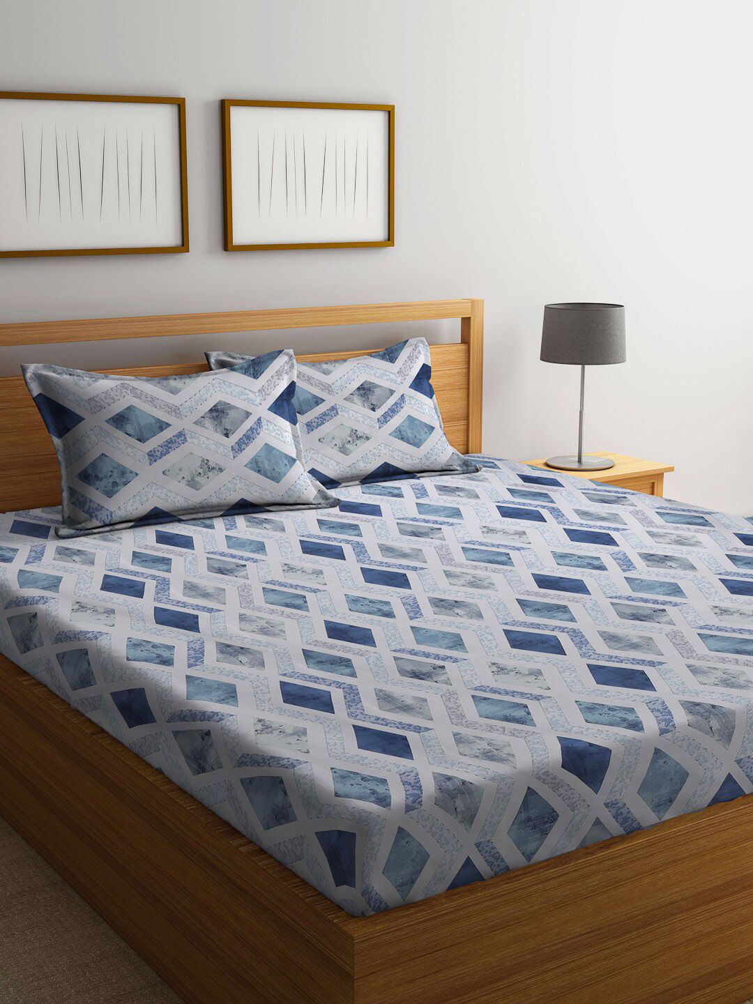 KLOTTHE Blue Geometric Pure Cotton 400 TC Fitted Double Bedsheet With 2 Pillow Covers-image-40