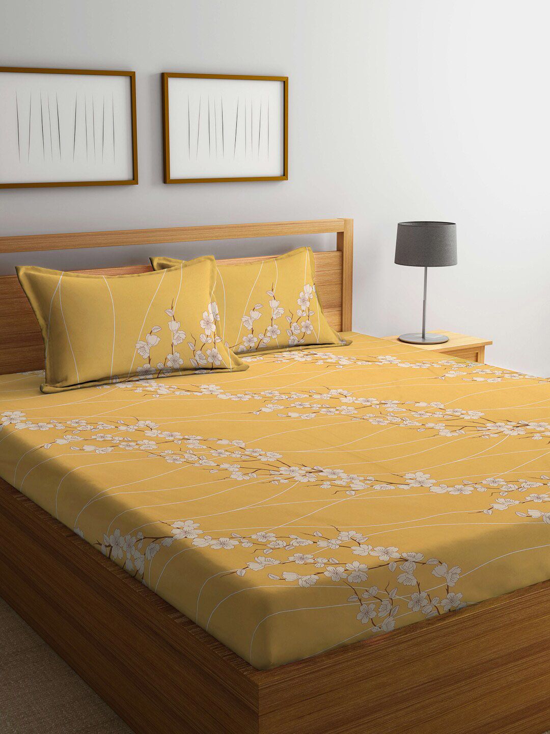KLOTTHE Orange & White Floral Printed Pure Cotton 400 TC Fitted Double Bedsheet Set-picture-17