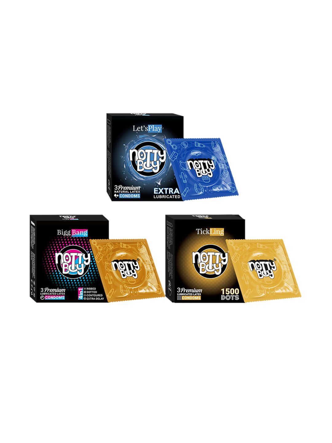 noTTy Boy Men Set Of 3 4 In 1 Dotted & Ribbed Ultra Thin Condoms - 3Pcs Each