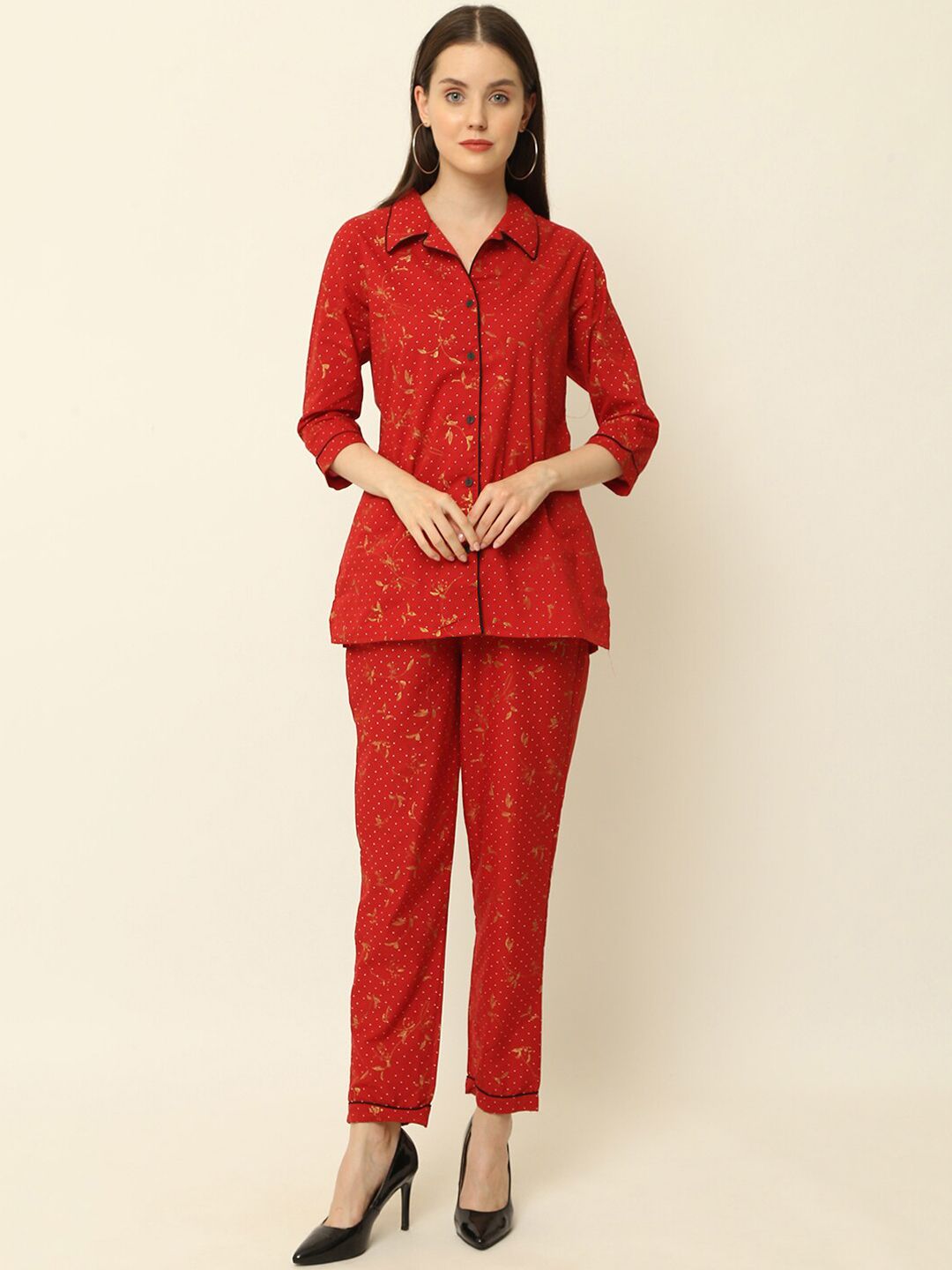 KALINI Floral Printed Shirt Collar Pure Cotton Shirt With Pyjama-picture-16