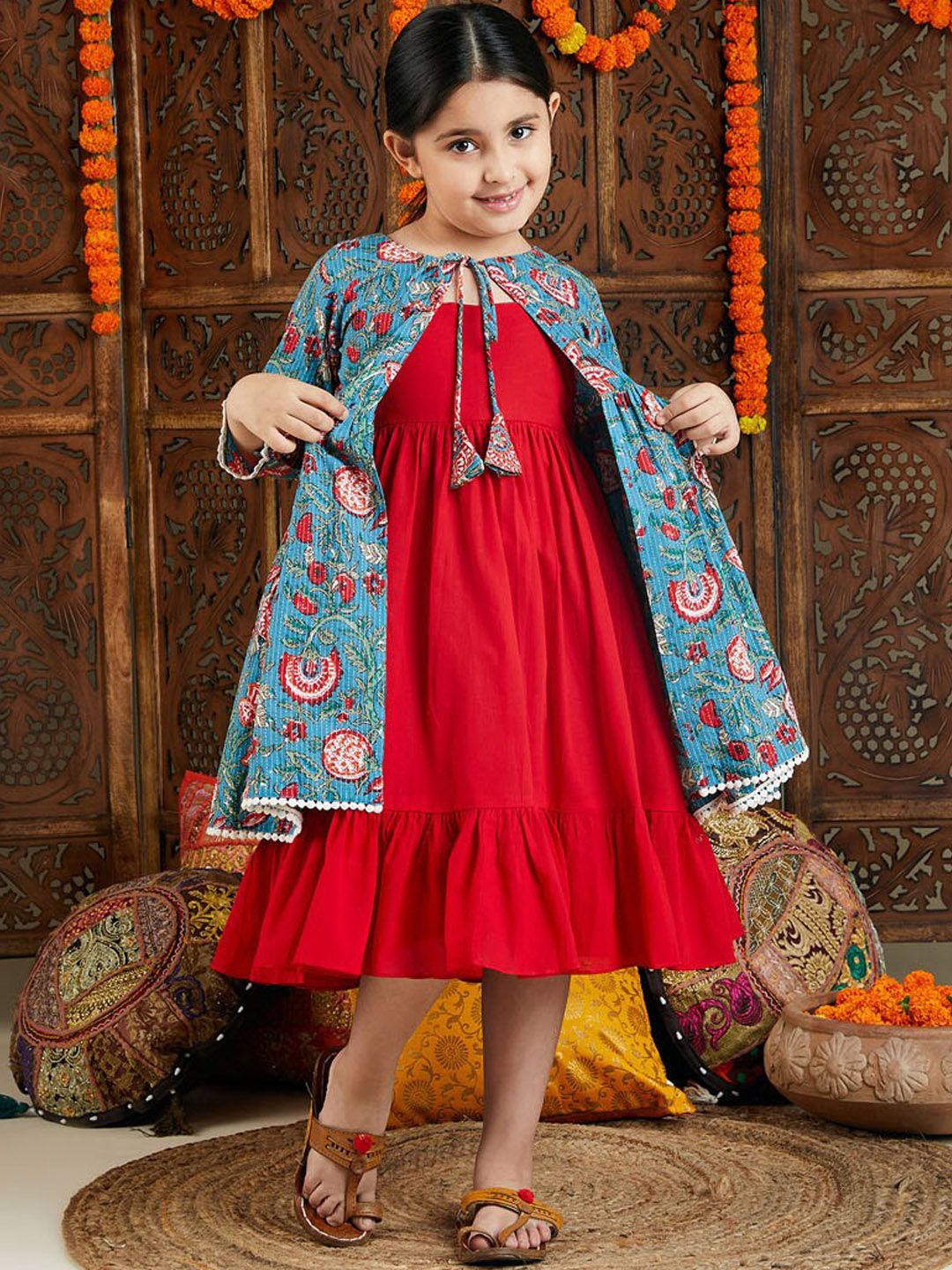 VASTRAMAY Girls Shoulder Straps Cotton Fit & Flare Ethnic Dress With Jacket-image-31
