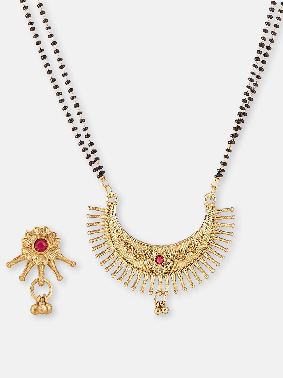 ATIBELLE Set Of 2 Gold-Plated Stone-Studded & Beaded Mangalsutra & Maangtikka