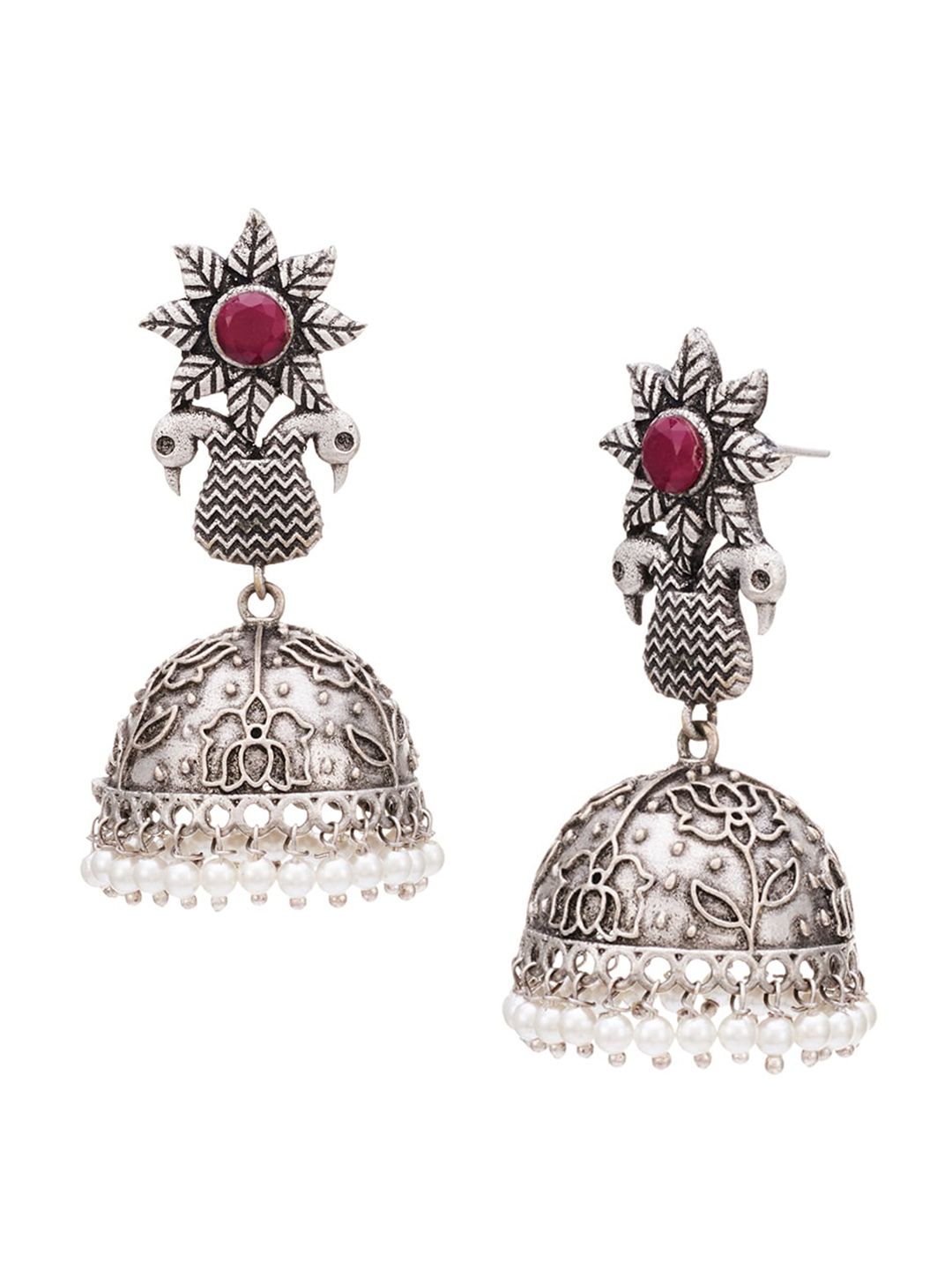 ATIBELLE Set of 2 German Silver Plated & Floral Shaped Stone-Studded Jhumkas