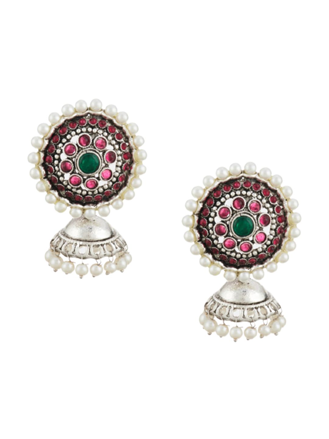 ATIBELLE Set of 2 German Silver Plated & Floral Shaped Stone-Studded Jhumkas