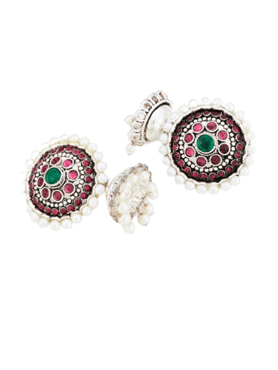 ATIBELLE Set of 2 German Silver Plated & Floral Shaped Stone-Studded Jhumkas