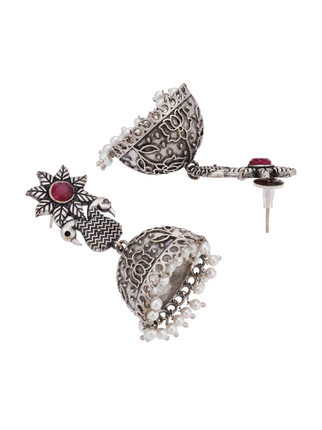 ATIBELLE Set of 2 German Silver Plated & Floral Shaped Stone-Studded Jhumkas