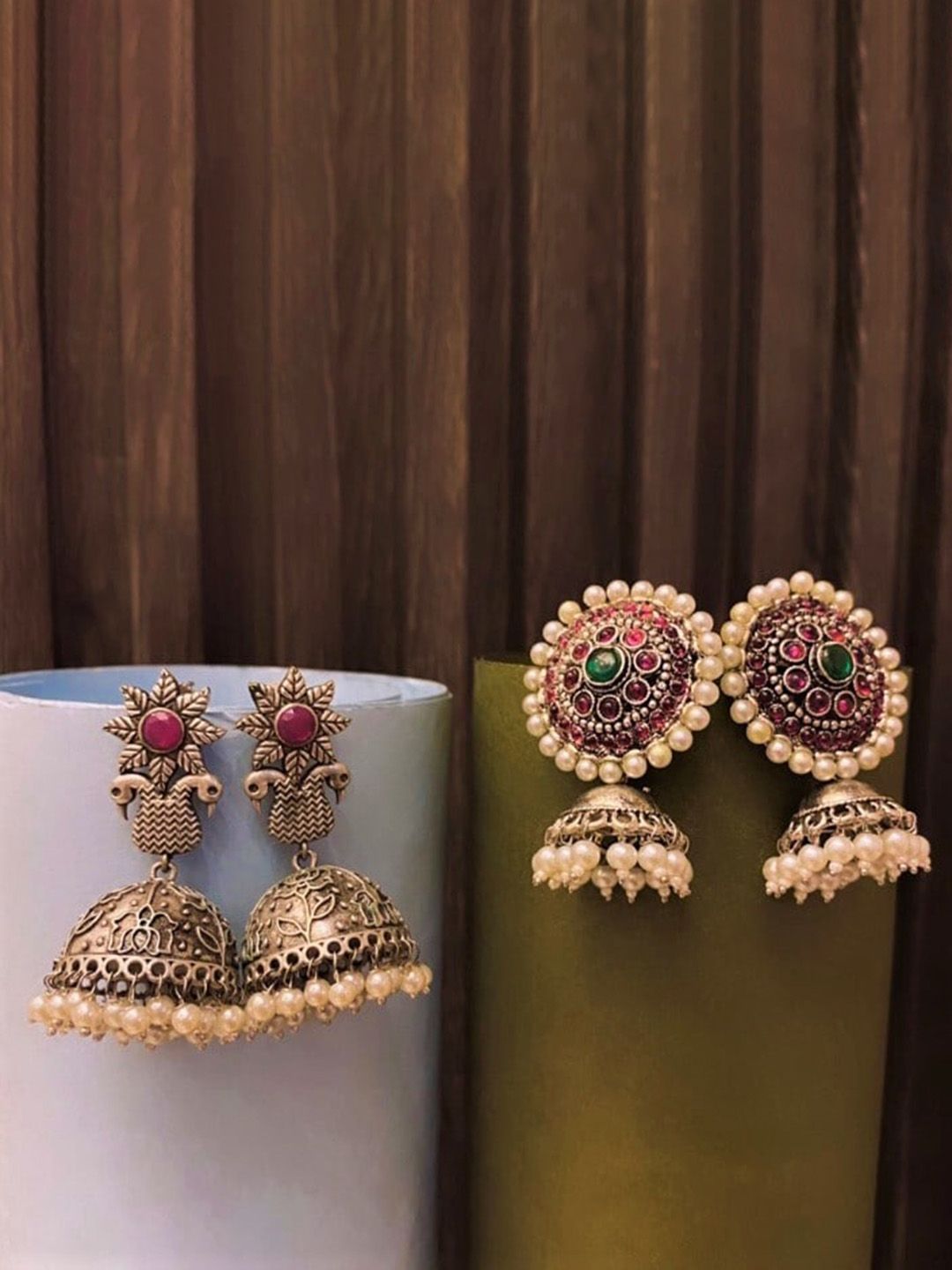 ATIBELLE Set of 2 German Silver Plated & Floral Shaped Stone-Studded Jhumkas