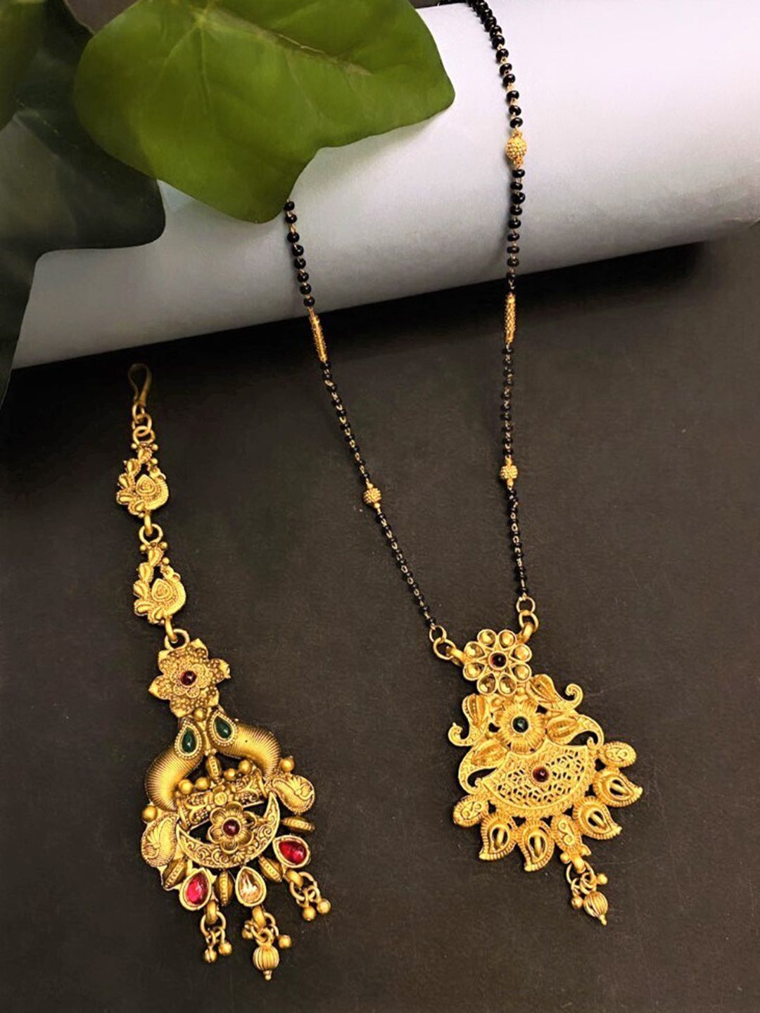 ATIBELLE Set Of 2 Gold-Plated Stone Studded & Beaded Mangalsutra With Maangtikka
