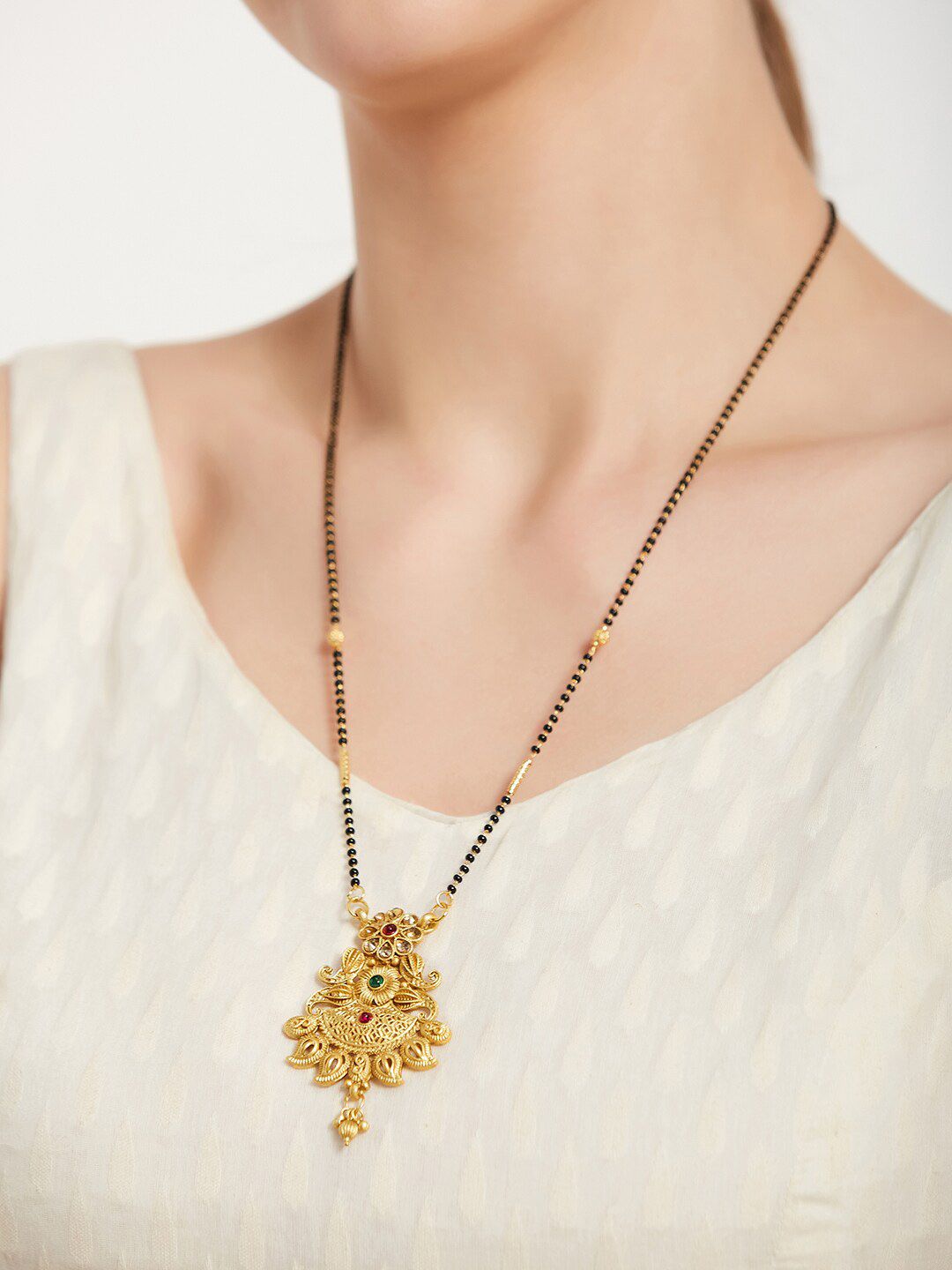 ATIBELLE Set Of 2 Gold-Plated Stone Studded & Beaded Mangalsutra With Maangtikka