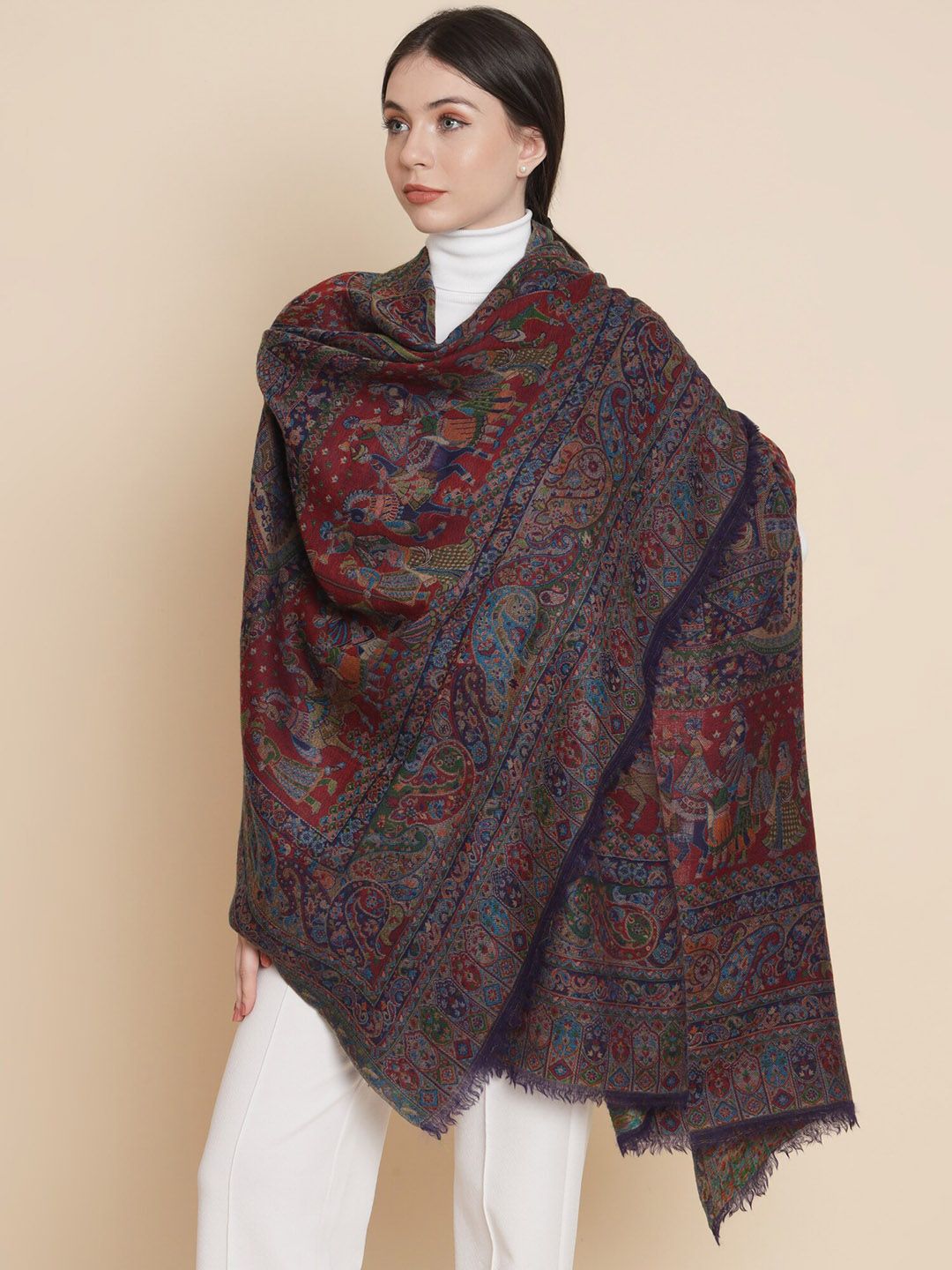 Pashtush Ethnic Motifs Woven Designed Pure Woolen Shawl-picture-49