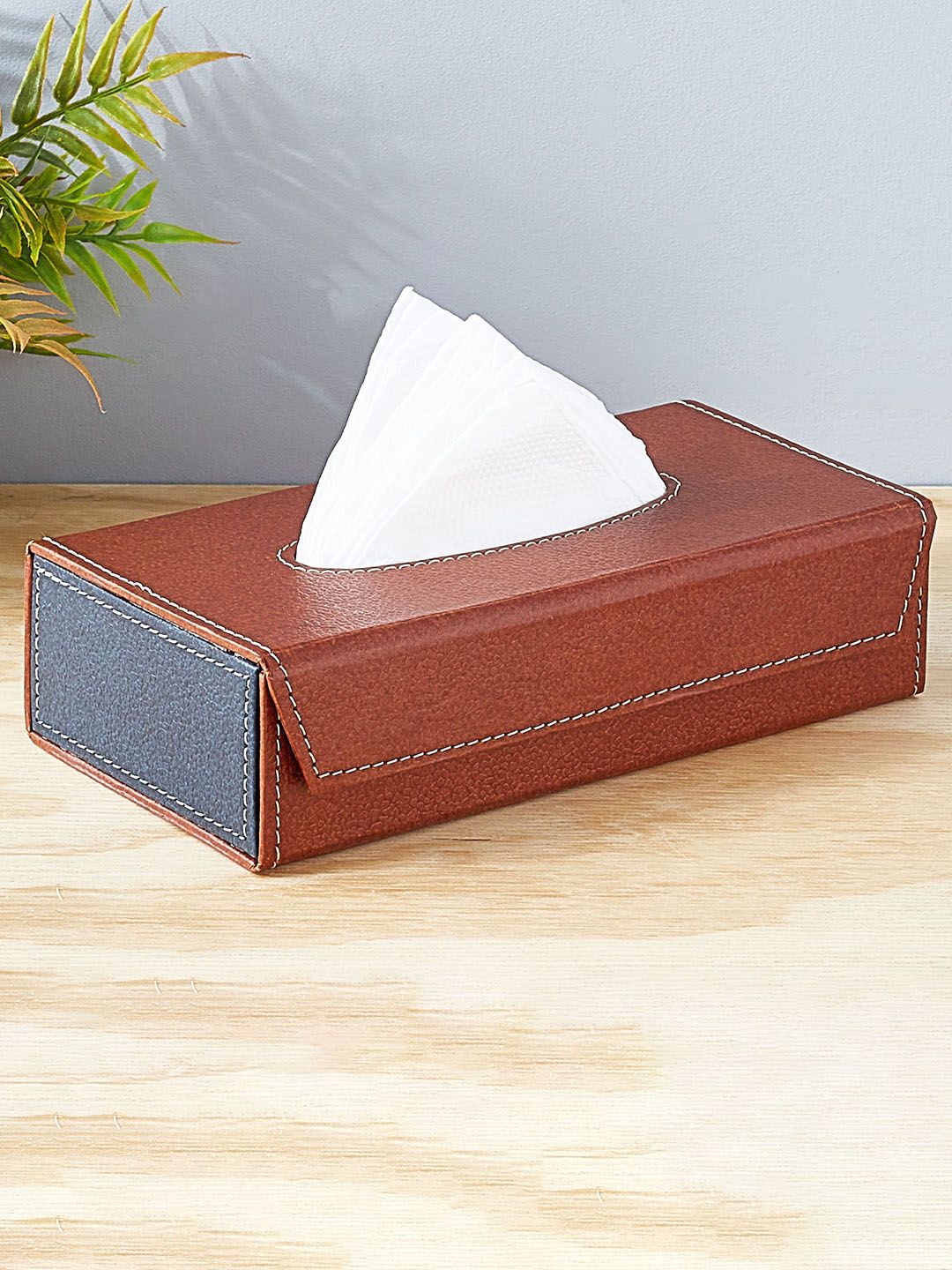 Home Centre Orion Brown & Blue Ecoleatherette Tissue Box-image-21