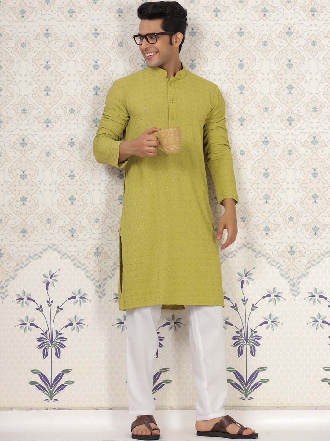 House of Pataudi Woven Design Mandarin Collar Chikankari Straight Kurta-picture-58