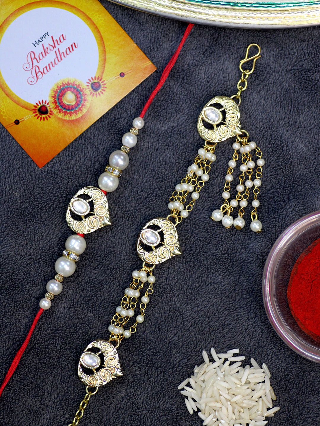 KARATCART Set of 2 Gold-Plated Kundan Studded Rakhi-picture-46