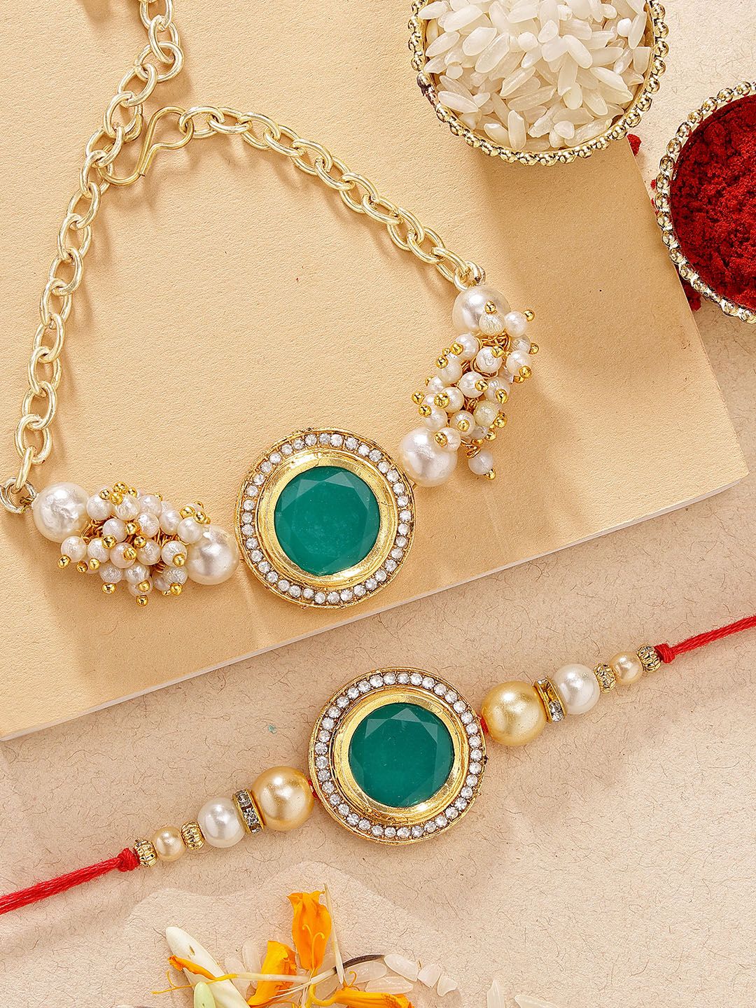 KARATCART Set of 2 Gold-plated Polki Kundan Bhai Bhabhi Rakhi Set-picture-13