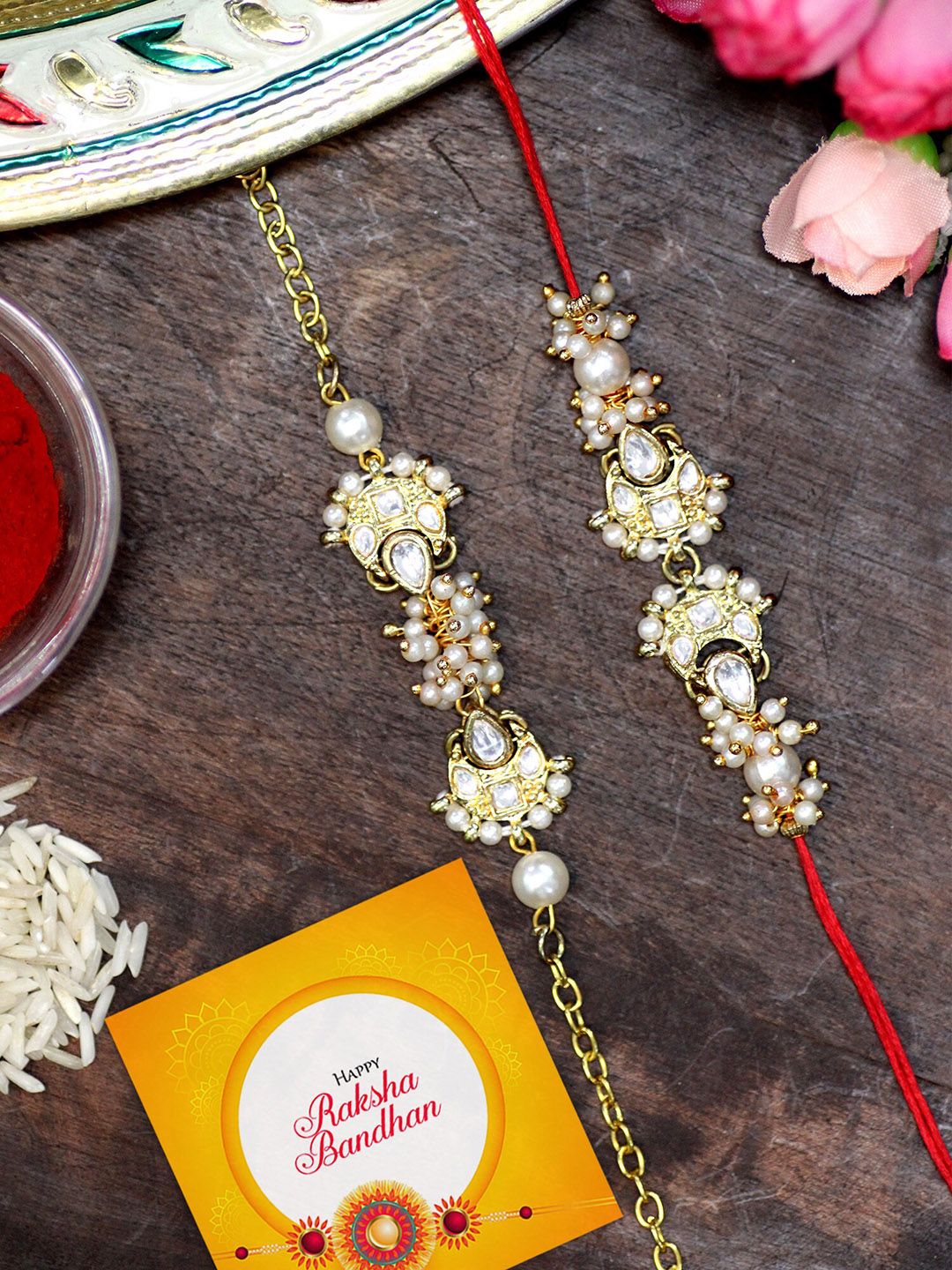KARATCART Set of 2 Gold-Plated Rakhi For Bhaiya & Bhabhi With Roli Chawal & Greeting Card-picture-40