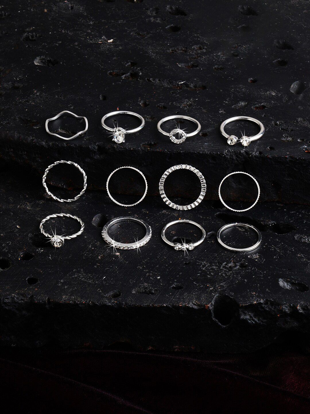Accessorize London Women Set Of 12 Silver Crystal Finger Rings-picture-44