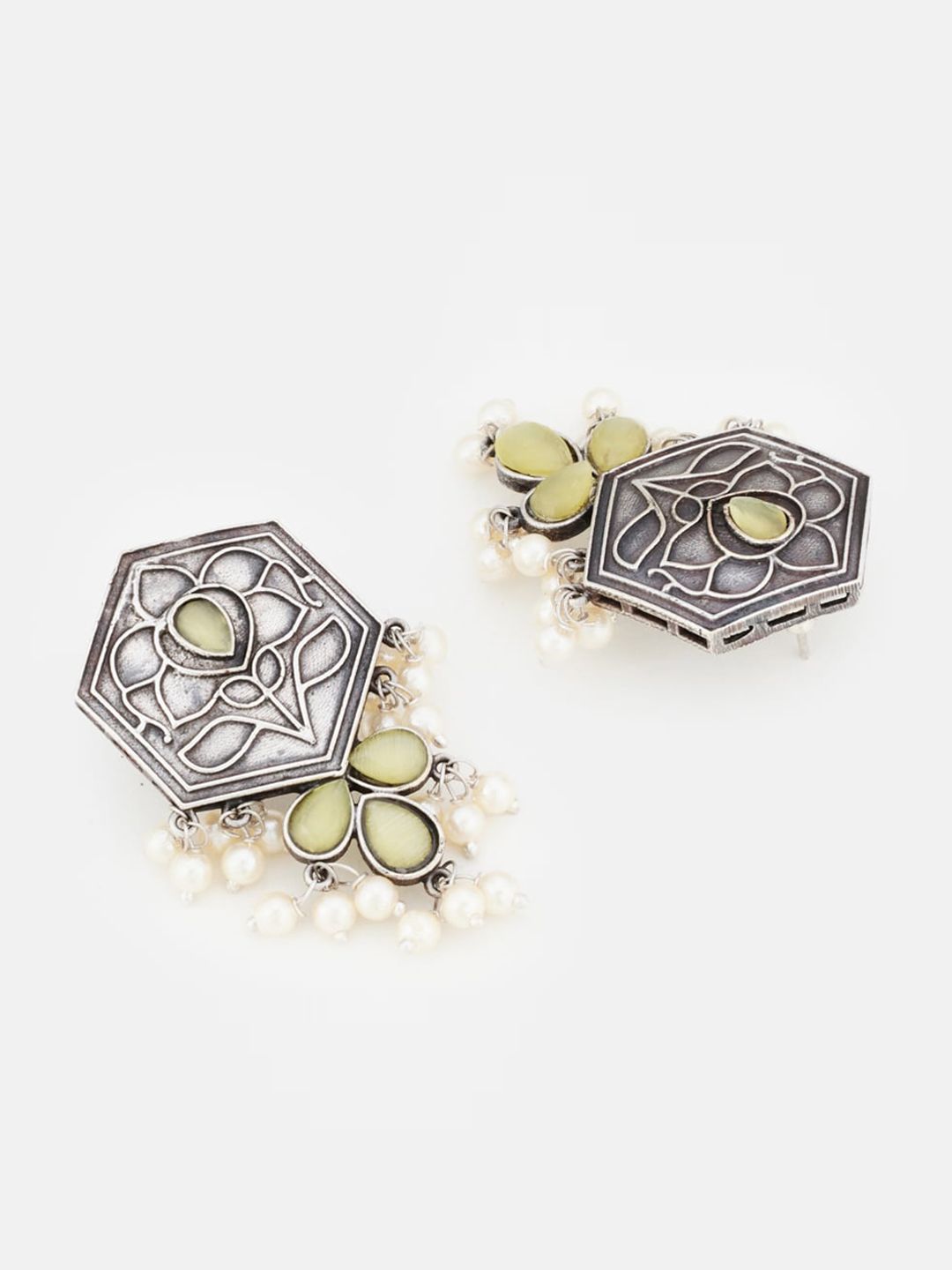 ATIBELLE Set Of 2 German Silver-Plated Contemporary Stone Studded & Beaded Drop Earrings