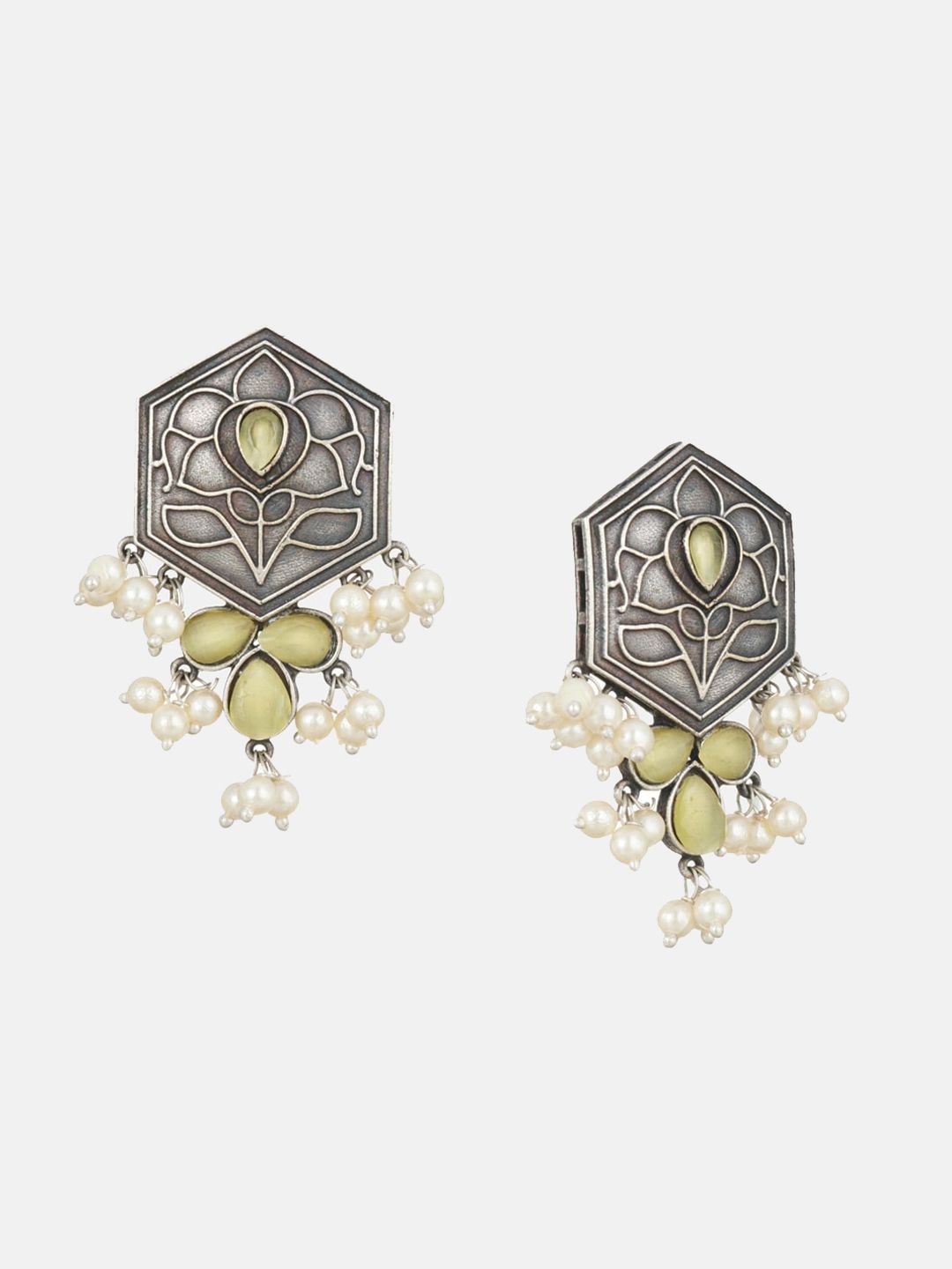 ATIBELLE Set Of 2 German Silver-Plated Contemporary Stone Studded & Beaded Drop Earrings